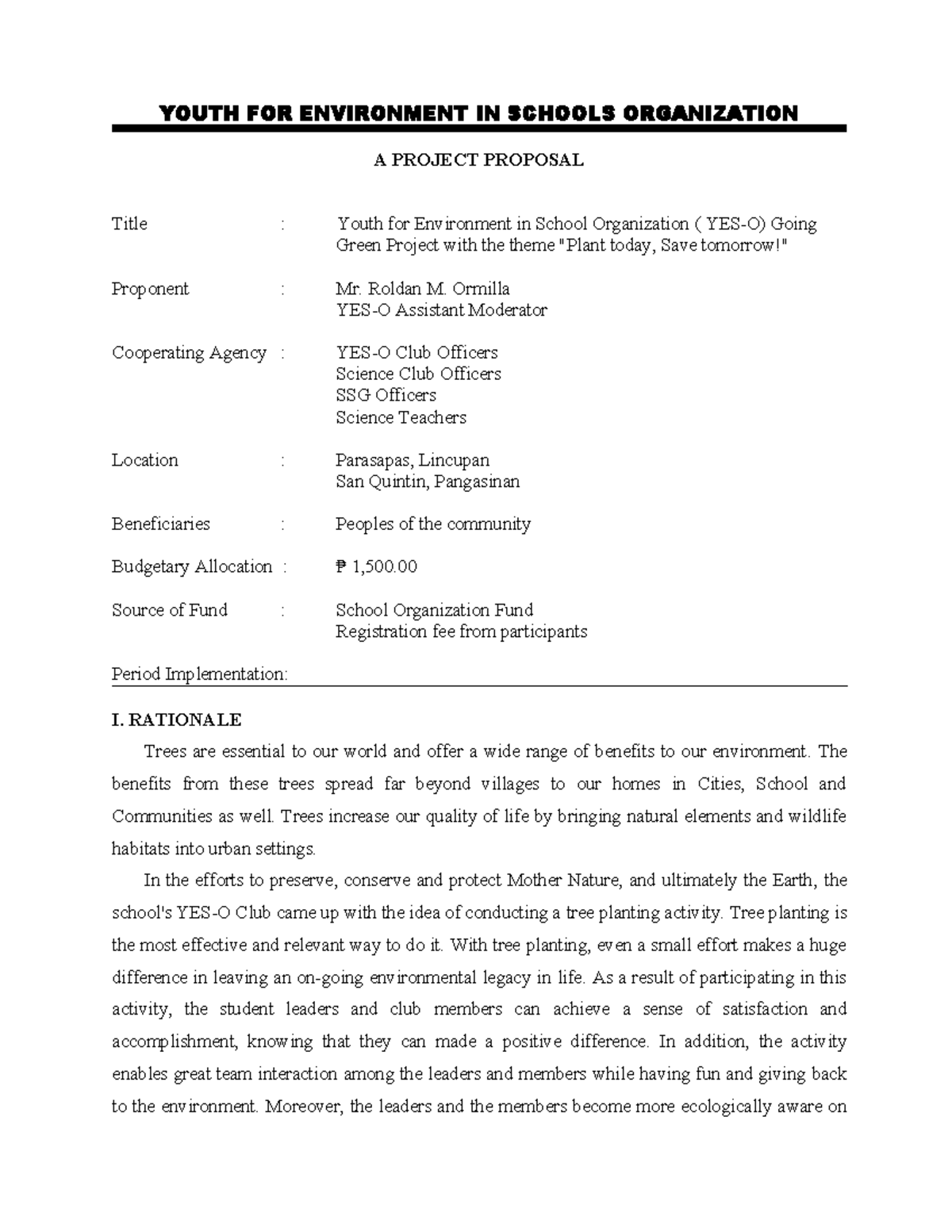 419908276 Yes o Tree Planting Proposal - YOUTH FOR ENVIRONMENT IN ...