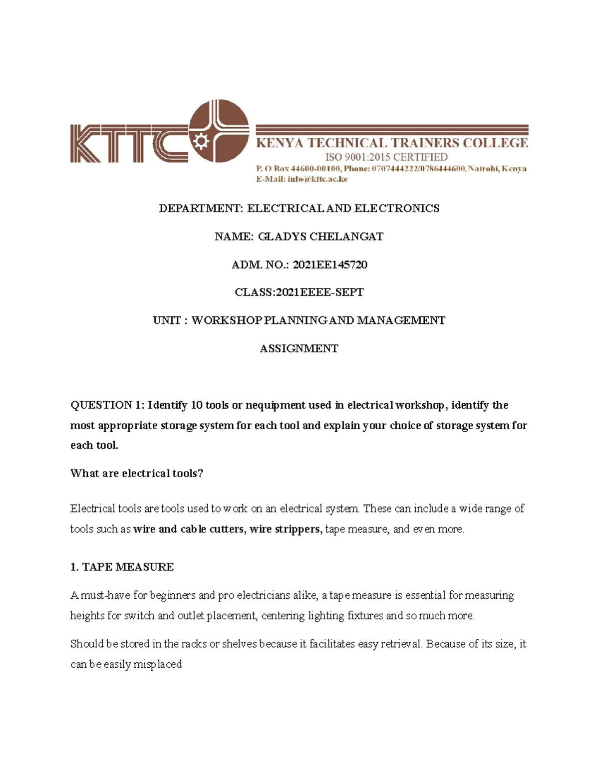 Assignment Workshop Management - DEPARTMENT: ELECTRICAL AND ELECTRONICS ...