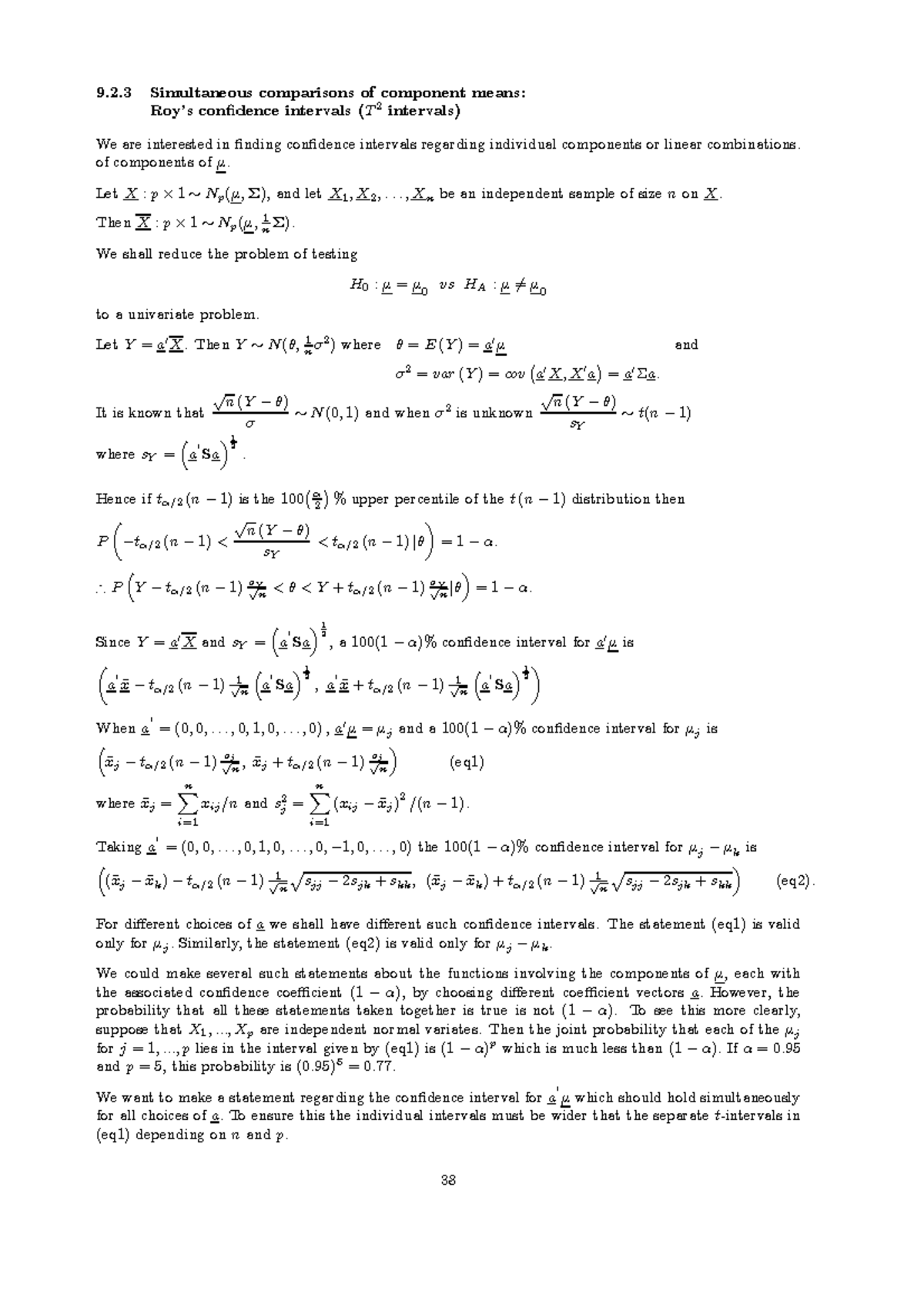 MVA710 Notes 24 pages 38 to 41 - 9.2 Simultaneous comparisons of ...