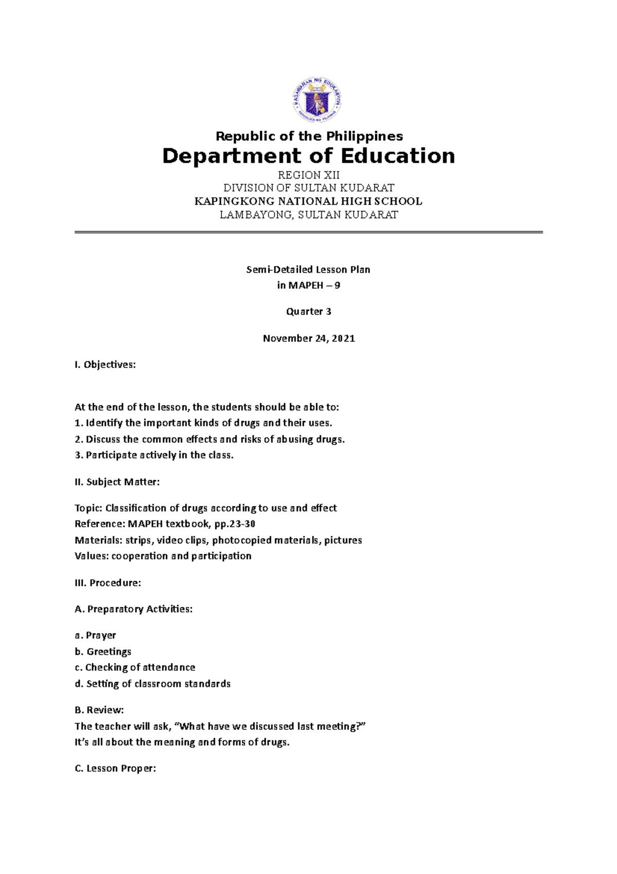 Semi Detailed Lesson Plan Republic Of The Philippines Department Of Education Region Xii 6319