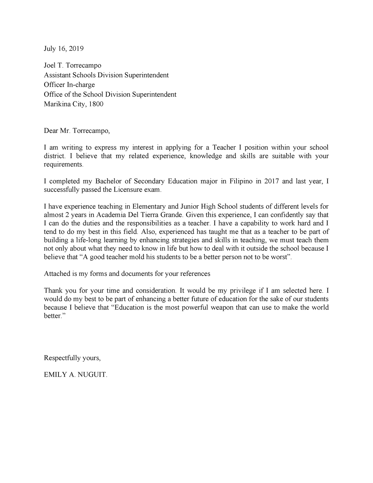 Application Letter - July 16, 2019 Joel T. Torrecampo Assistant Schools ...