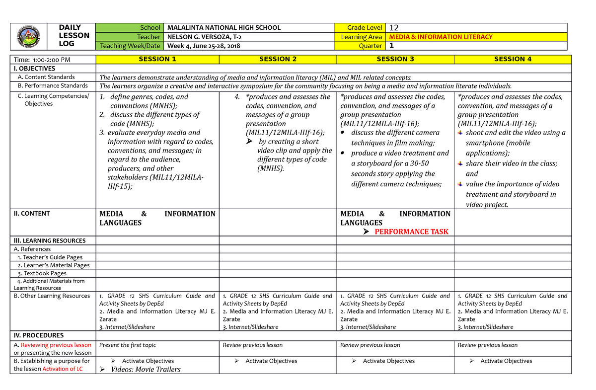 DLL MIL 4 - DLL MIL 4 - DAILY LESSON LOG School MALALINTA NATIONAL HIGH ...