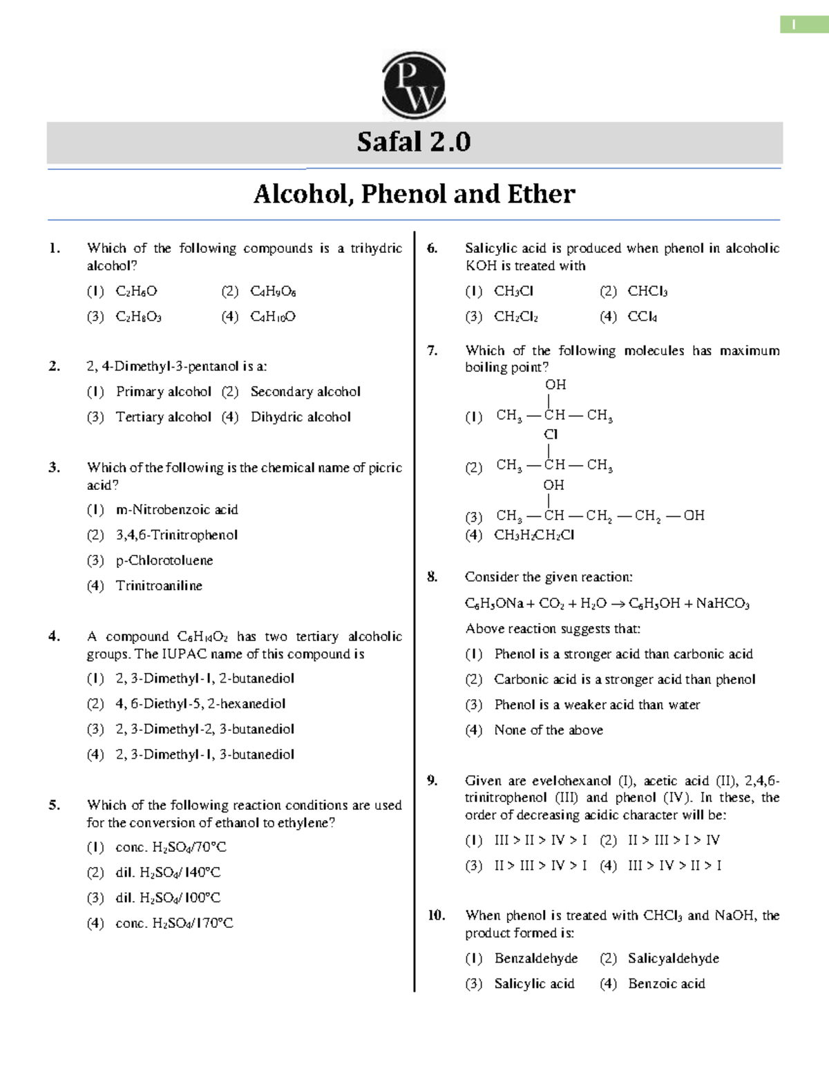 Alcohol, Phenol and Ether Revision Practice Sheet Safal 2 - 1 Safal 2 ...