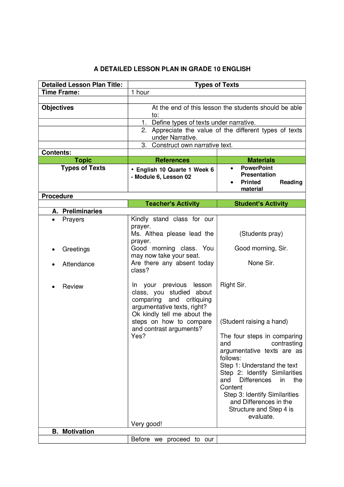 Detailed Lesson Plan Types Of Text A DETAILED LESSON PLAN IN GRADE 10 