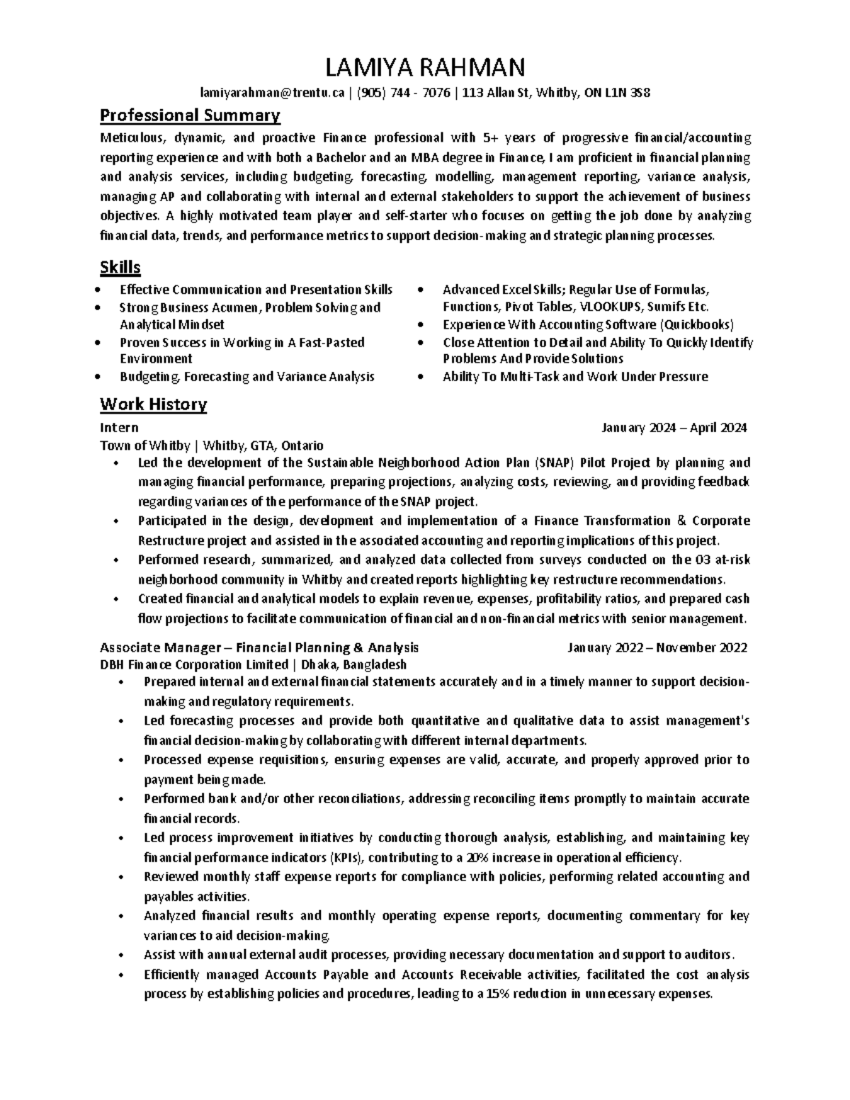 Resume of Lamiya Rahman - LAMIYA RAHMAN lamiyarahman@trentu | (905) 744 ...