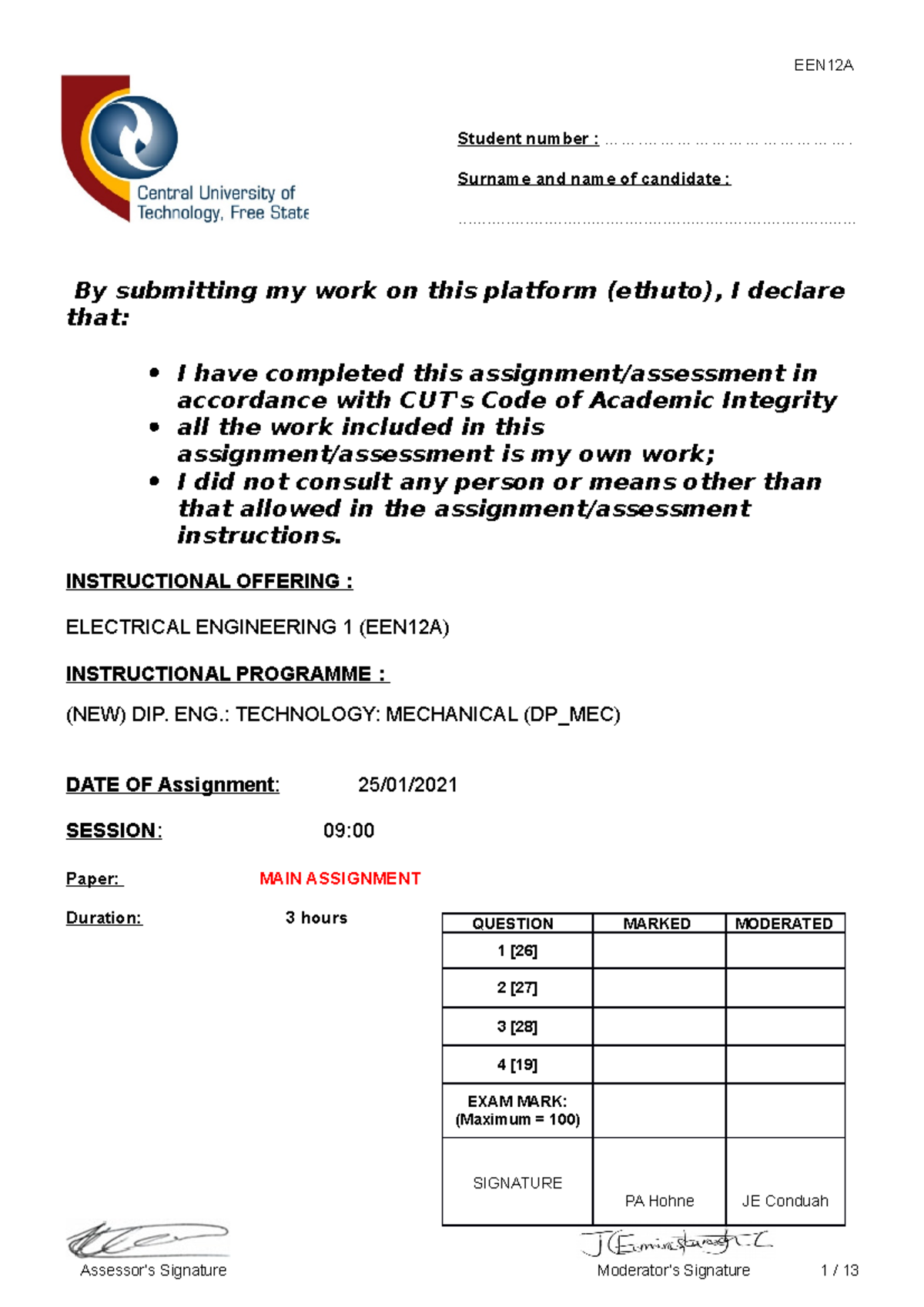 EEN12 Main assignment 2020 question paper 25 January 2021 - Student ...
