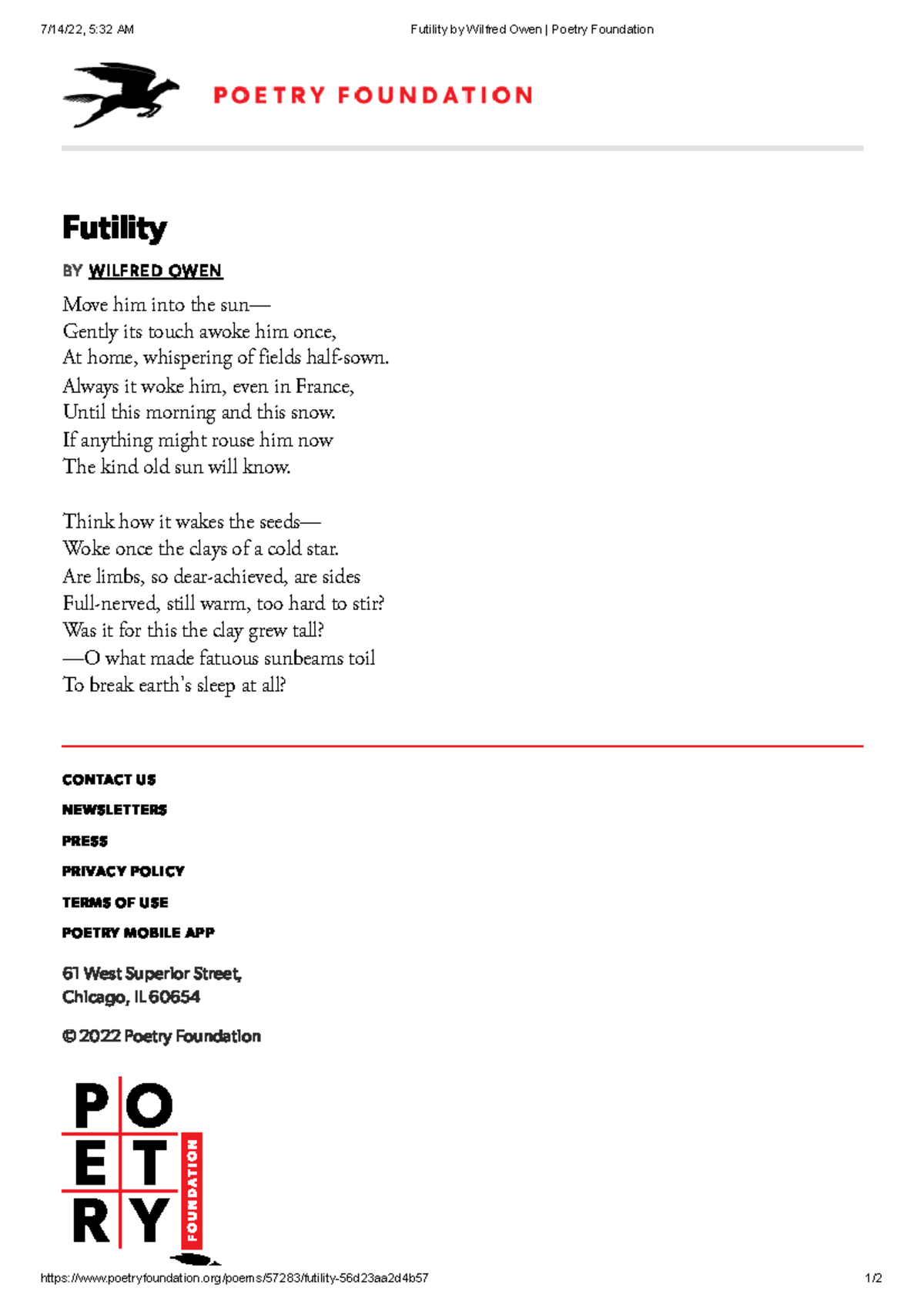 Futility By Wilfred Owen Poetry Foundation 7 14 22 5 32 AM Futility 