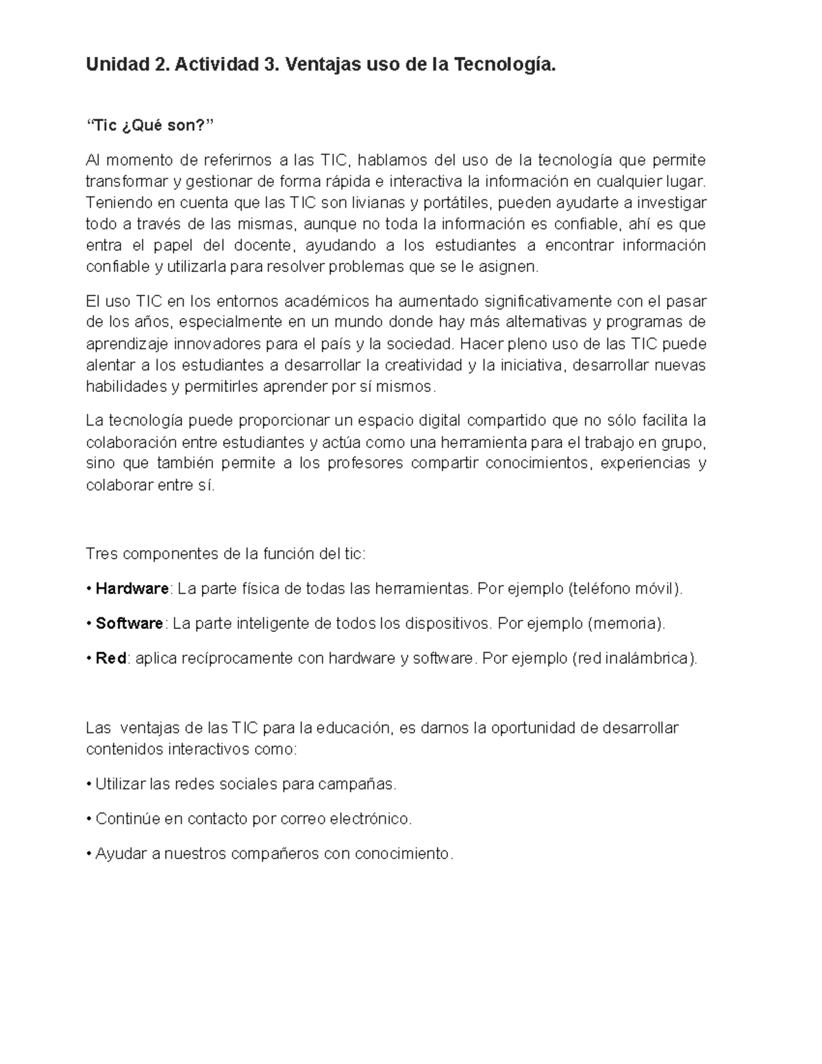 Unidad 2 Actividad 3 Unidad 2 Actividad 3 Ventajas Uso De La Tecnología “tic ¿qué Son” Al 2544