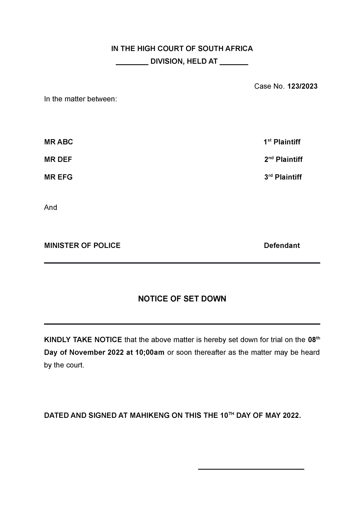 Notice OF SET DOWN IN THE HIGH COURT OF SOUTH AFRICA