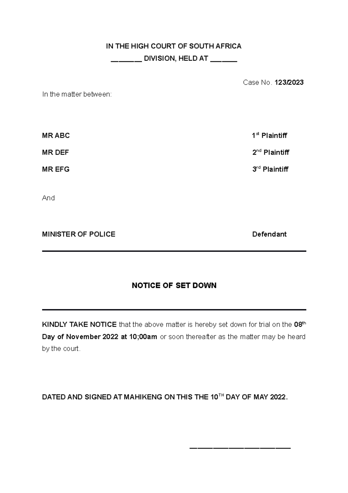 Notice OF SET DOWN IN THE HIGH COURT OF SOUTH AFRICA