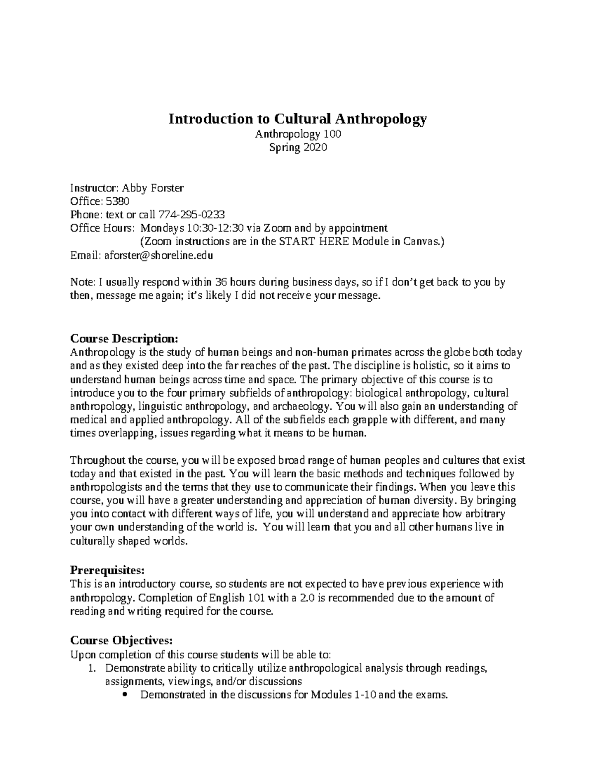 Anth 100 Syllabus S20 Introduction To Cultural Anthropology