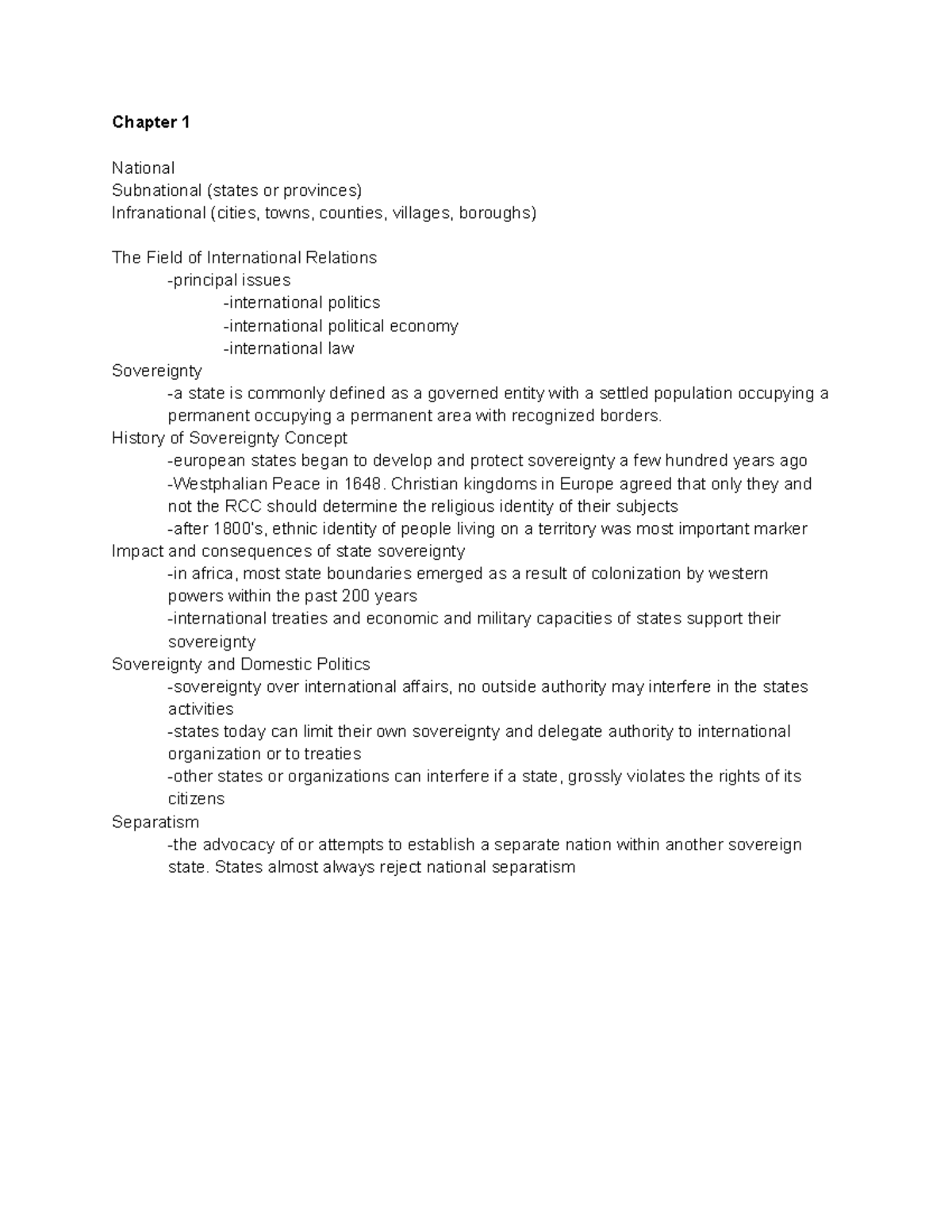 Pols 2204 International Relations - Chapter 1 National Subnational ...