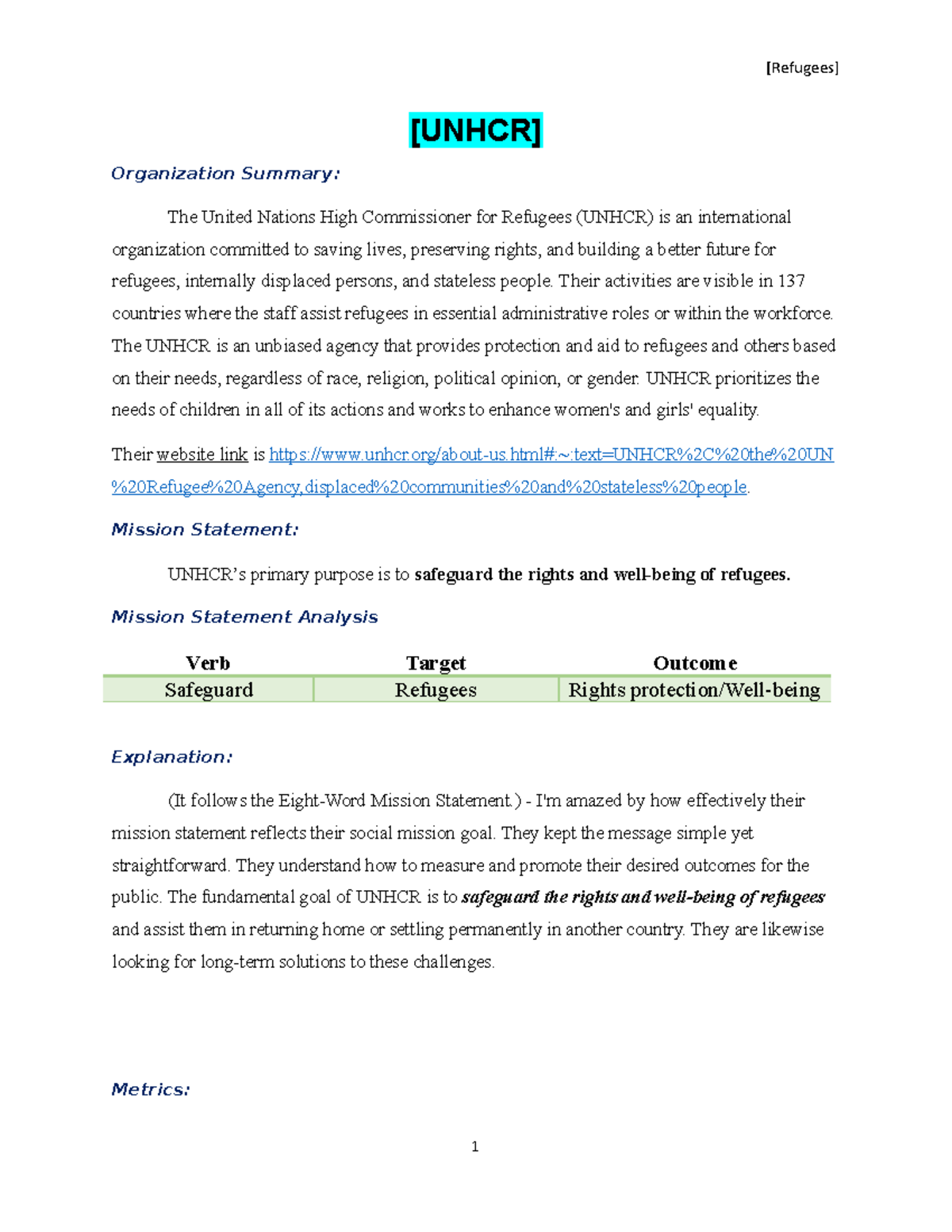 W05 - Impact - [Refugees] [UNHCR] Organization Summary: The United ...
