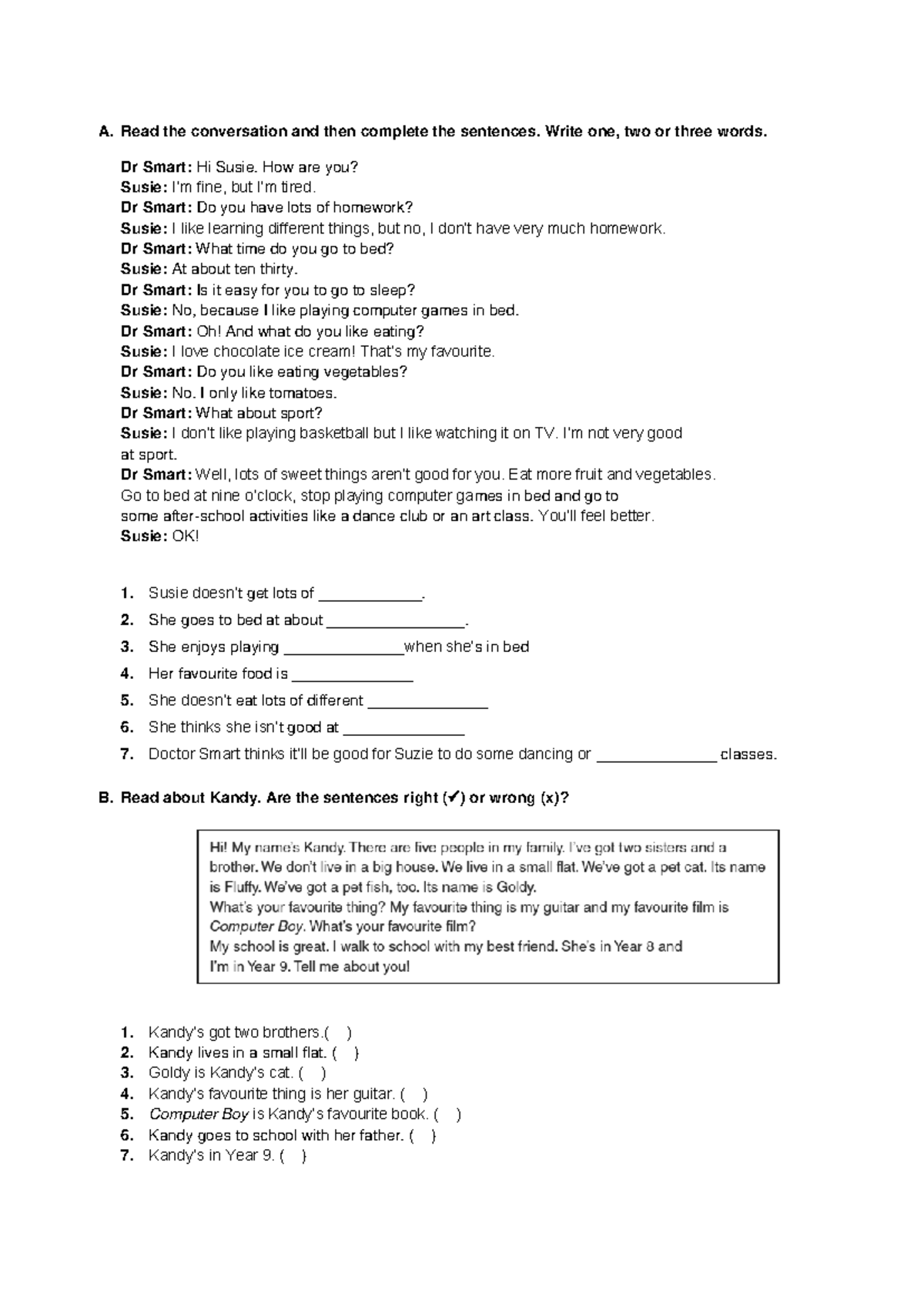 Reading - A. Read the conversation and then complete the sentences ...