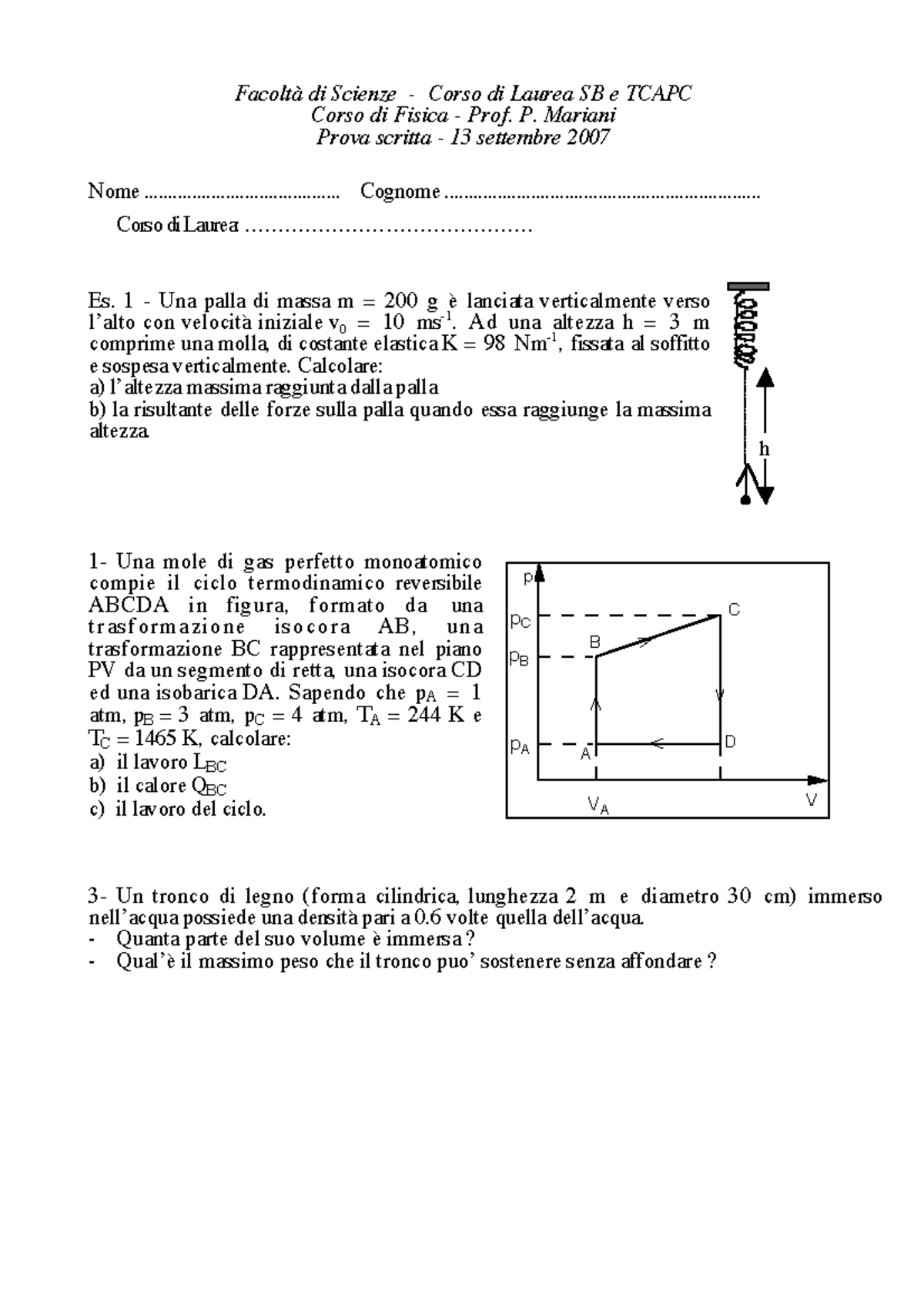 Fisica Esercizio P V A B C D V V V V Pc Pb Pa Va Facolt Di Scienze Corso Di Laurea Sb E