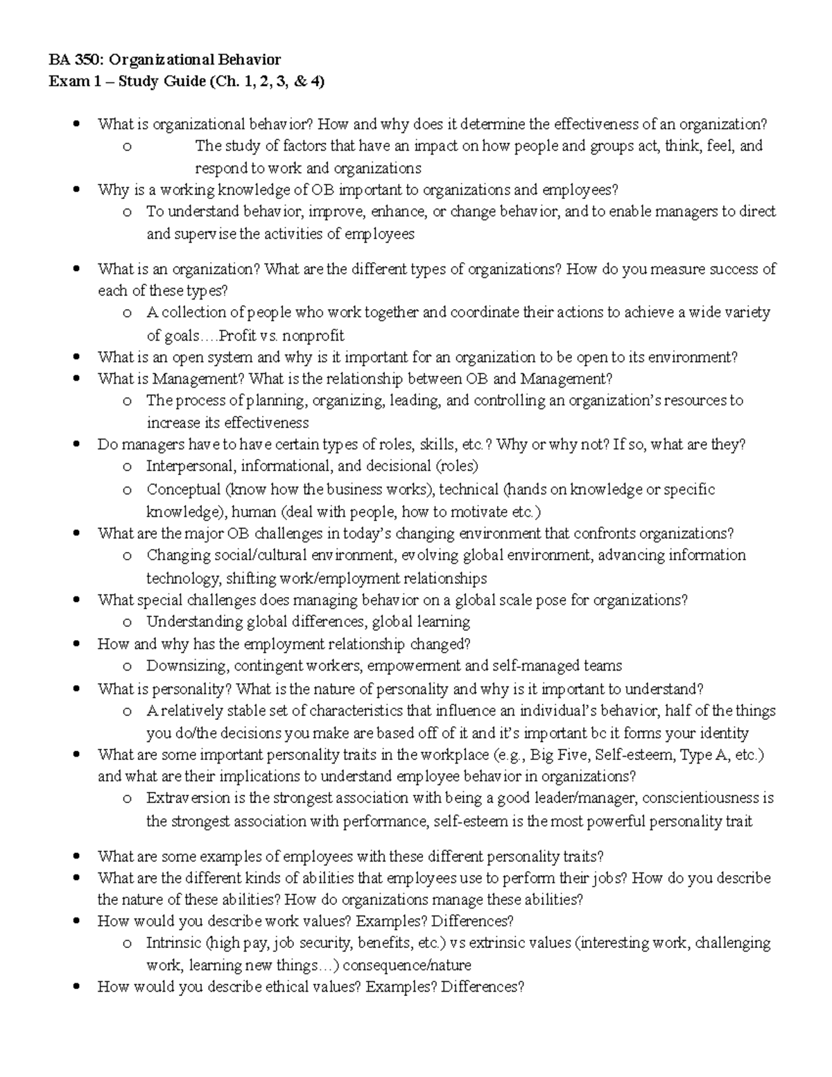 Exam 1 Study Guide - BA 350: Organizational Behavior Exam 1 – Study ...