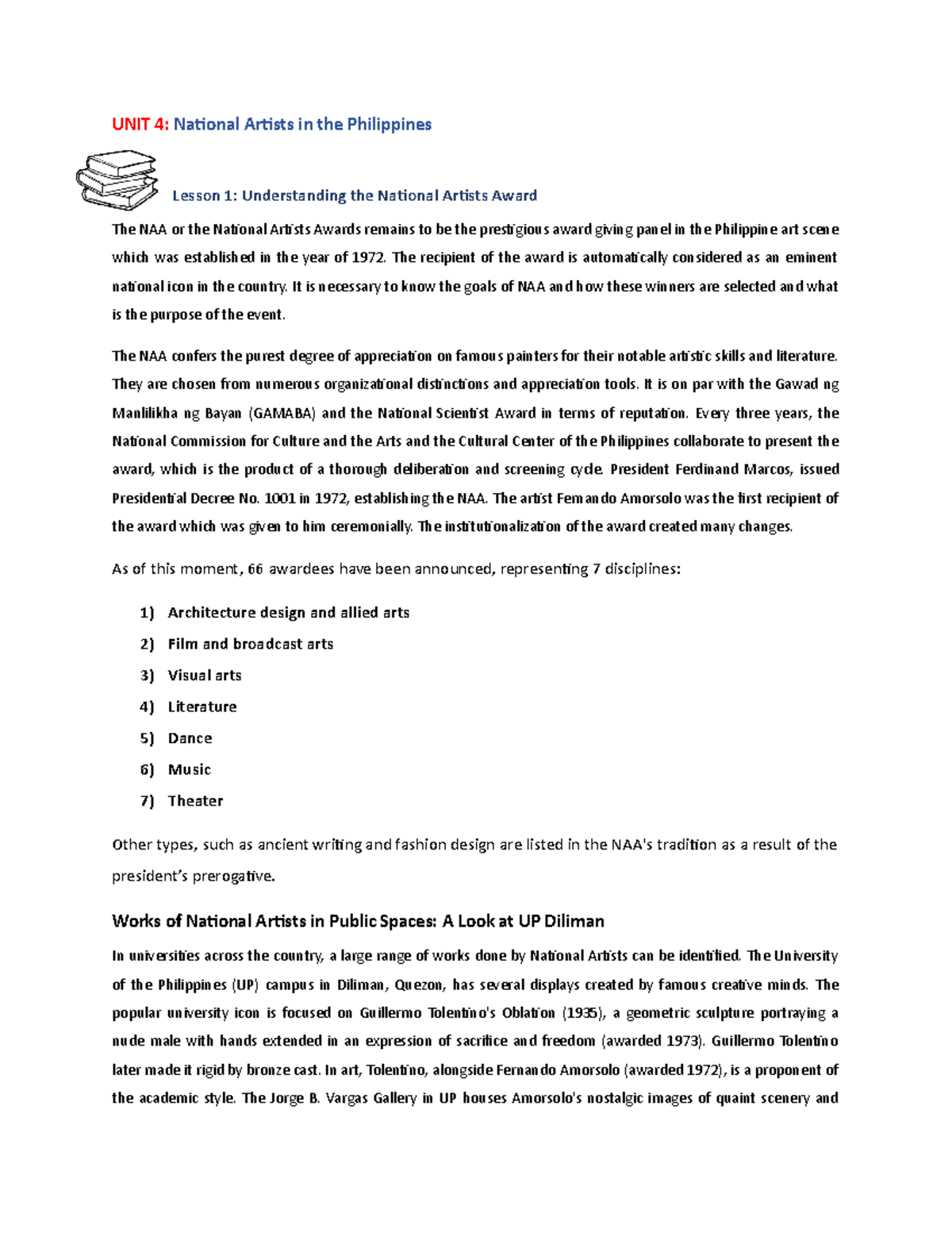 ARTS Priint - this is lectures note - UNIT 4: National Artists in the ...