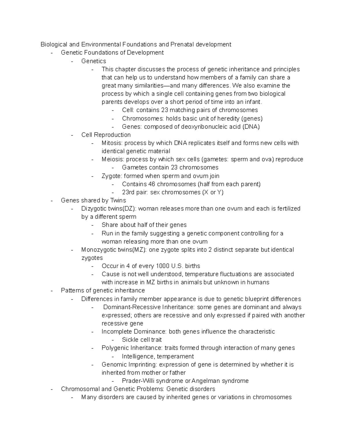 PSY 325 Chapter 2 - Biological and Environment Foundations and Prenatal ...