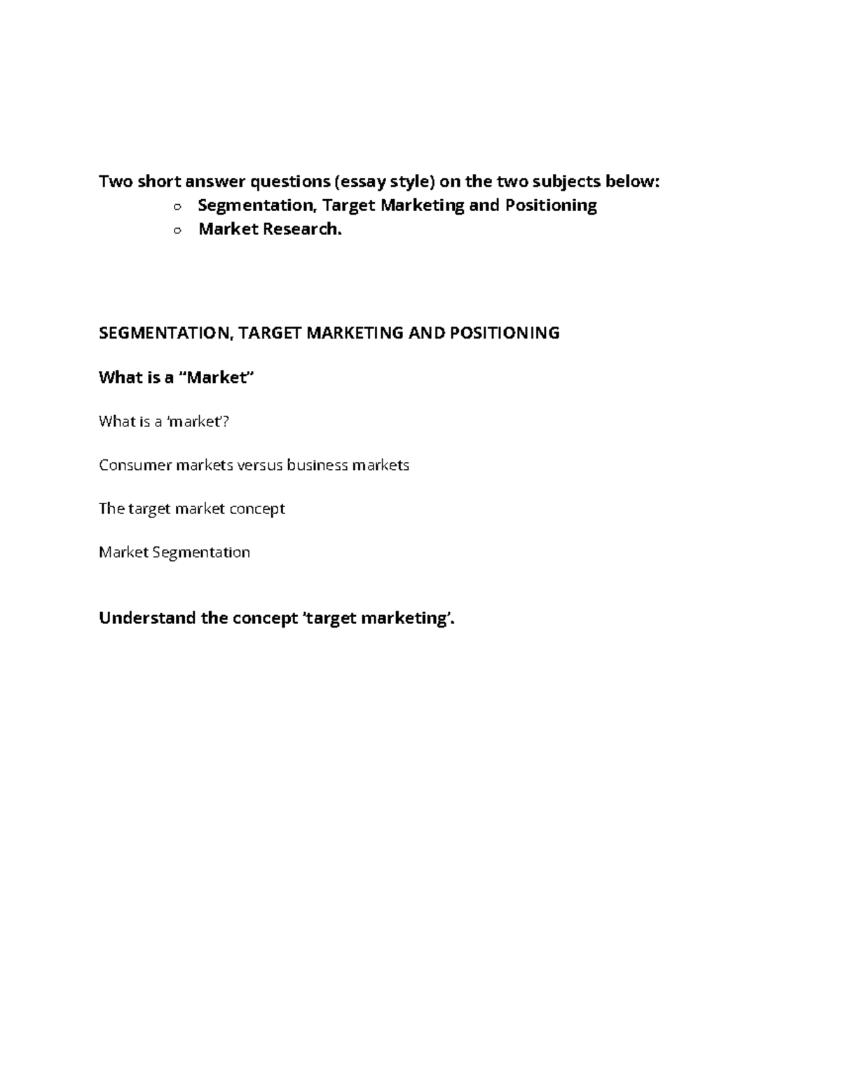 MARK 101 test - Lecture notes - Two short answer questions (essay style ...