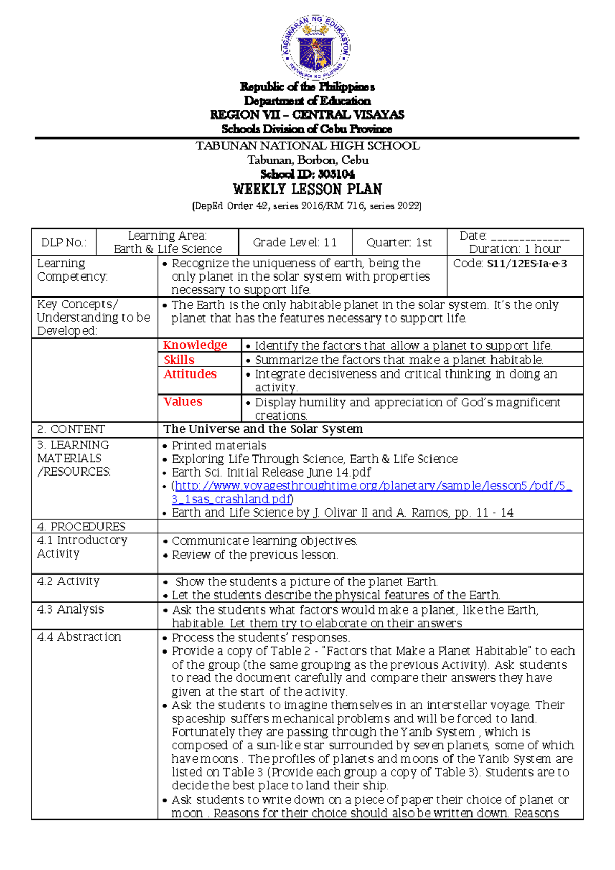 3EScompetency 3A - earth - Republic of the Philippines Department of ...