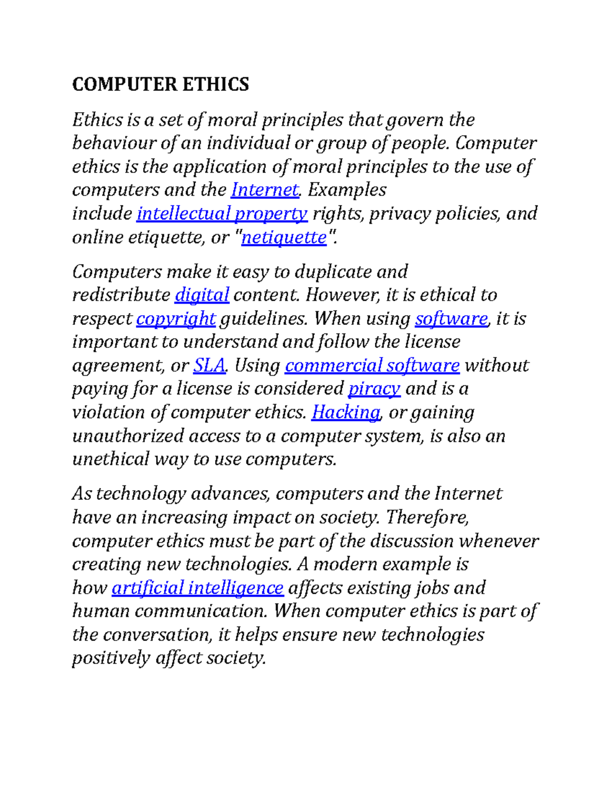 Computer Ethics - COMPUTER ETHICS Ethics is a set of moral principles ...