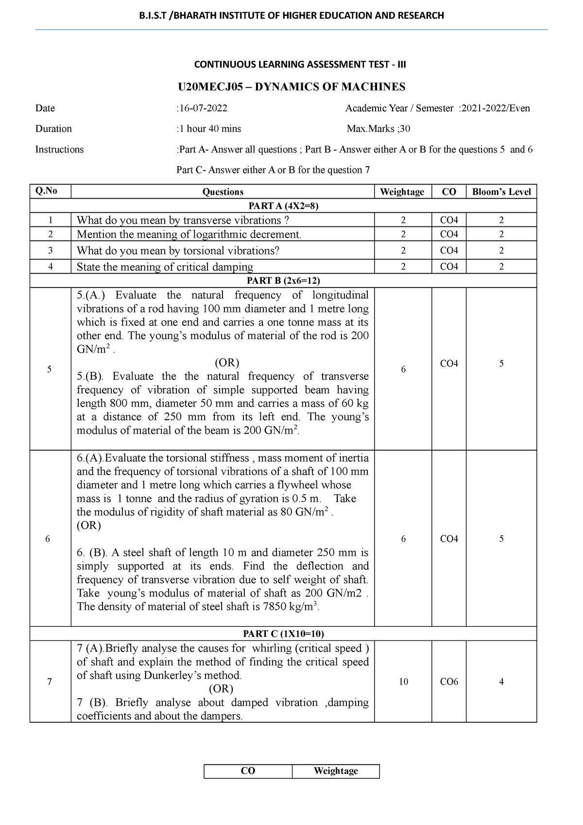 Dynamics of machines CLA test III A sect - B.I.S /BHARATH INSTITUTE OF ...