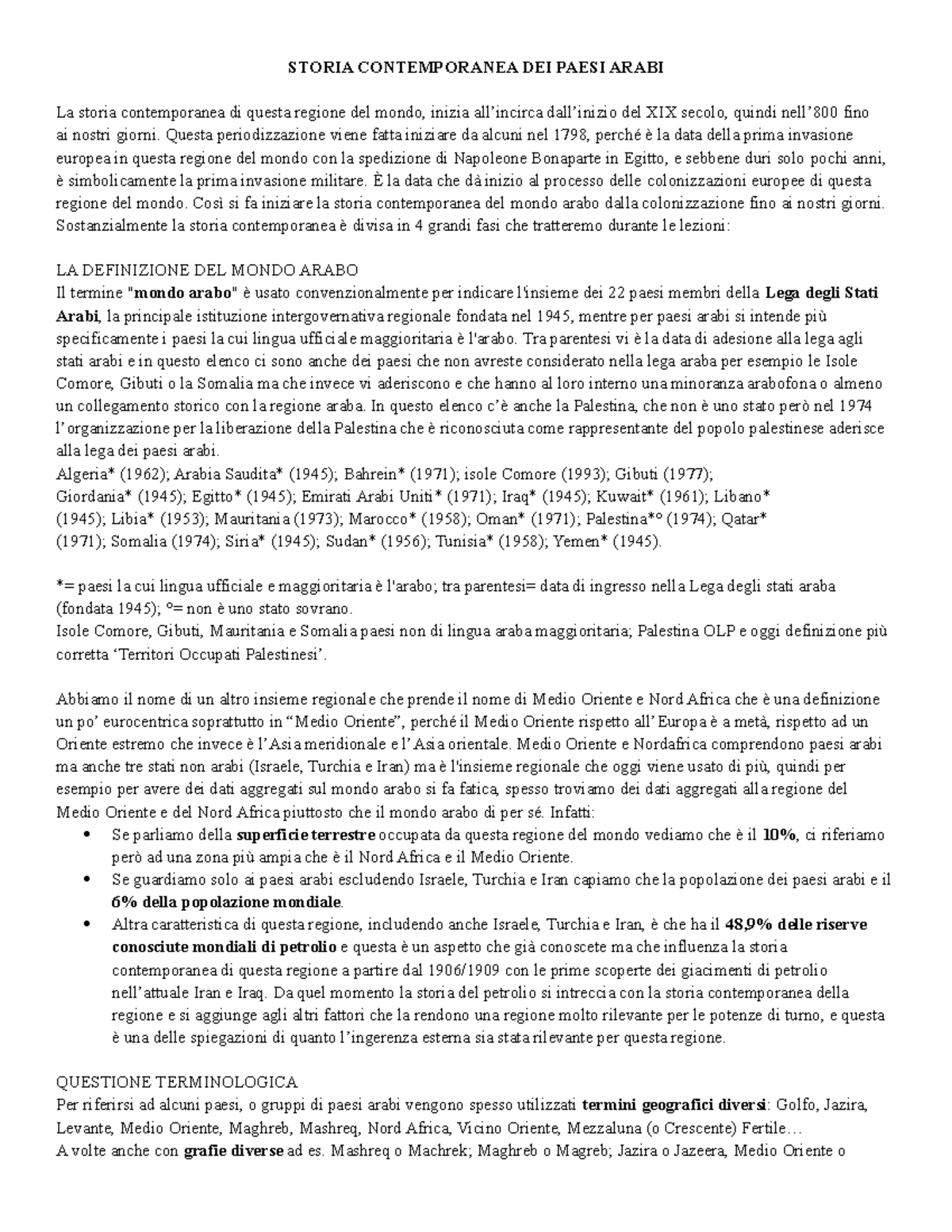 Storia contemporanea dei paesi arabi STORIA CONTEMPORANEA DEI PAESI