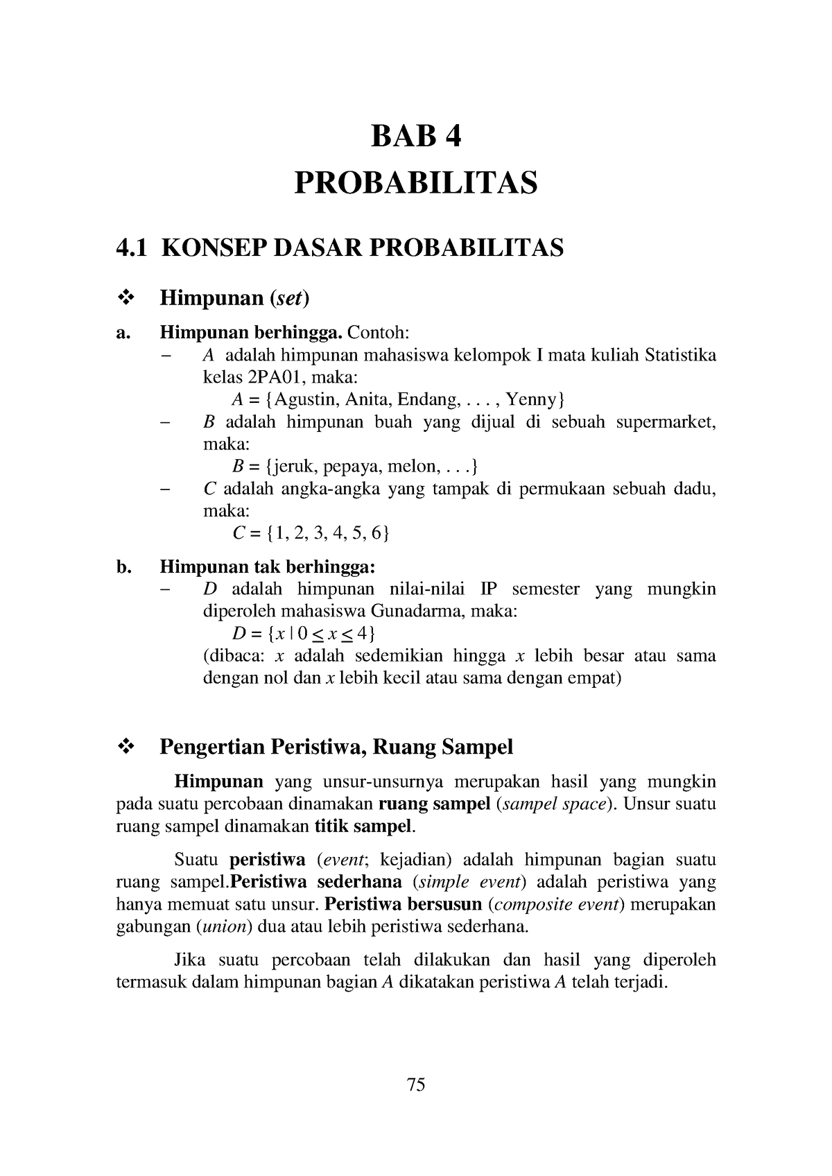 Probabilitas - BAB 4 PROBABILITAS 4 KONSEP DASAR PROBABILITAS Himpunan ...