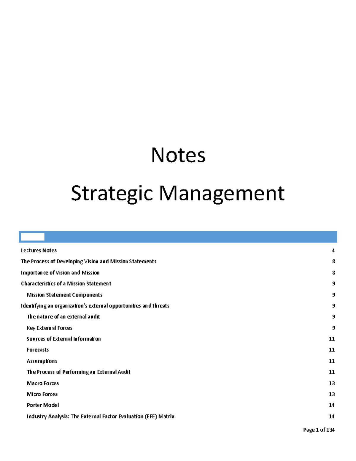 0.1- Notes - Notes Strategic Management Lectures Notes CONTENTS The ...