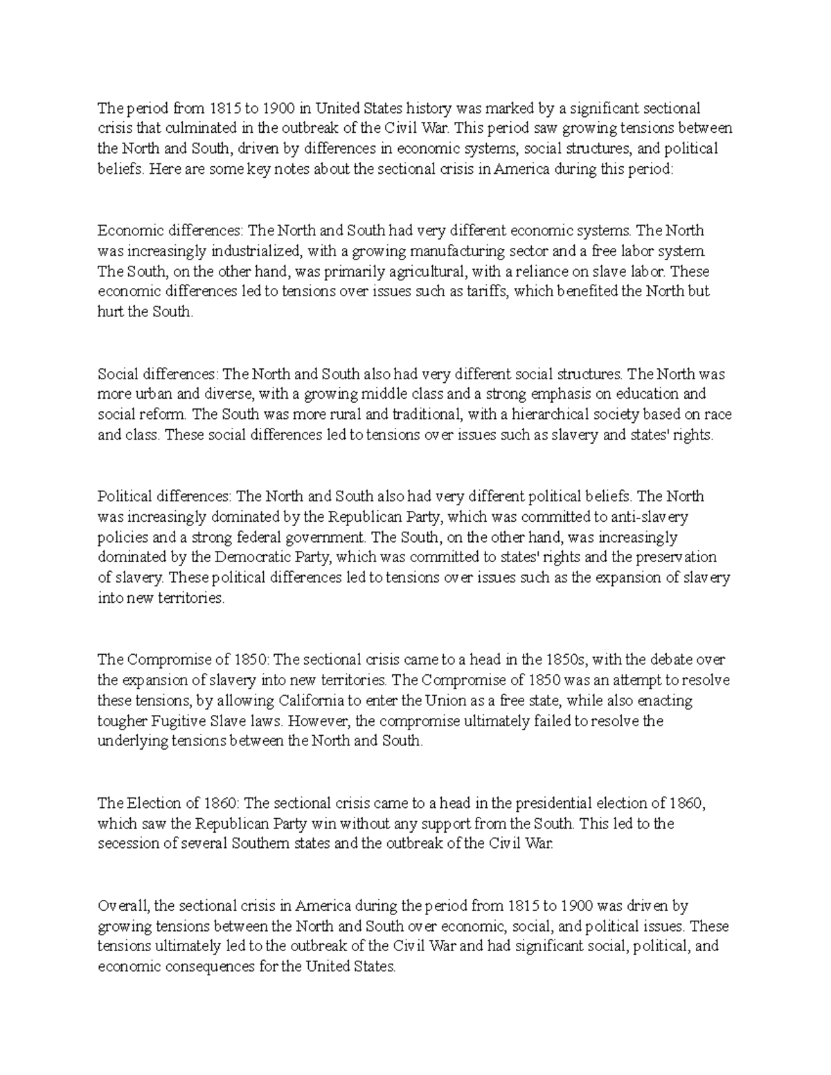 H6 Notes about The Sectional Crisis in America United States History