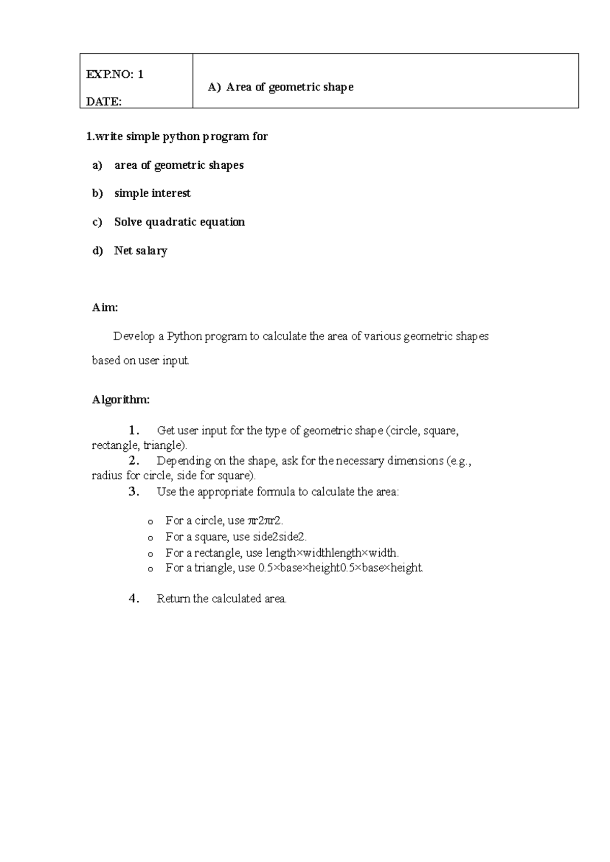Python Lab(GK) - 1 simple python program for a) area of geometric ...