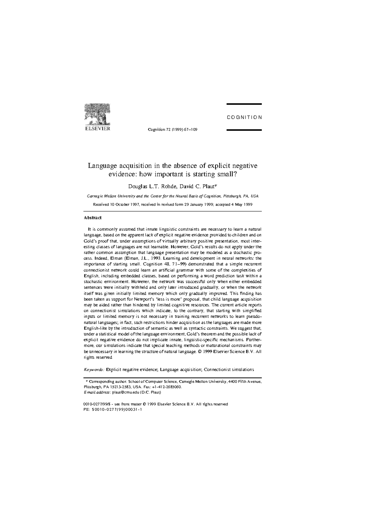 Rohde Plaut 99Cog - Language acquisition in the absence of explicit ...