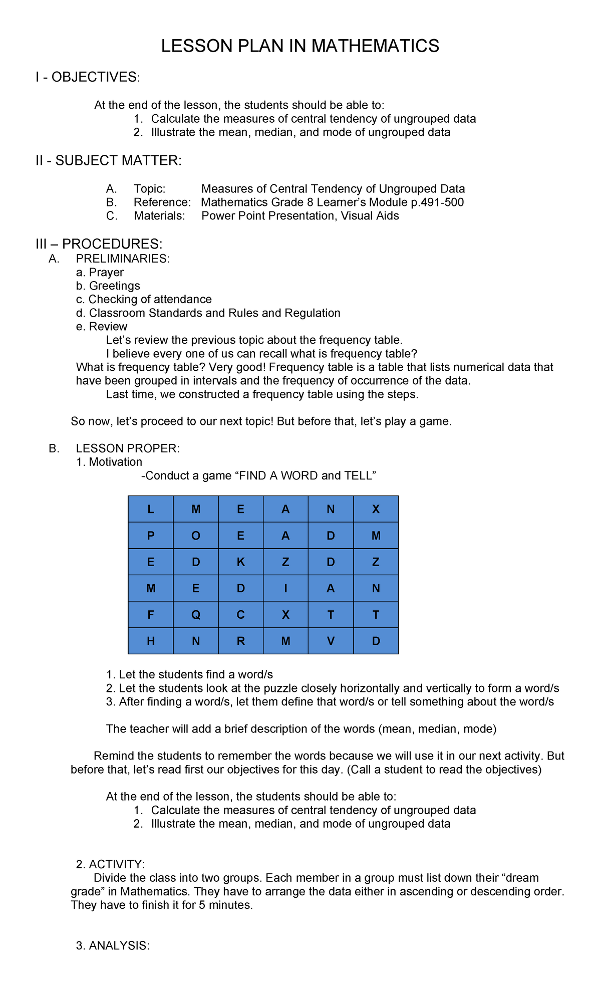 Mathematics Lesson Plan - LESSON PLAN IN MATHEMATICS I - OBJECTIVES: At ...