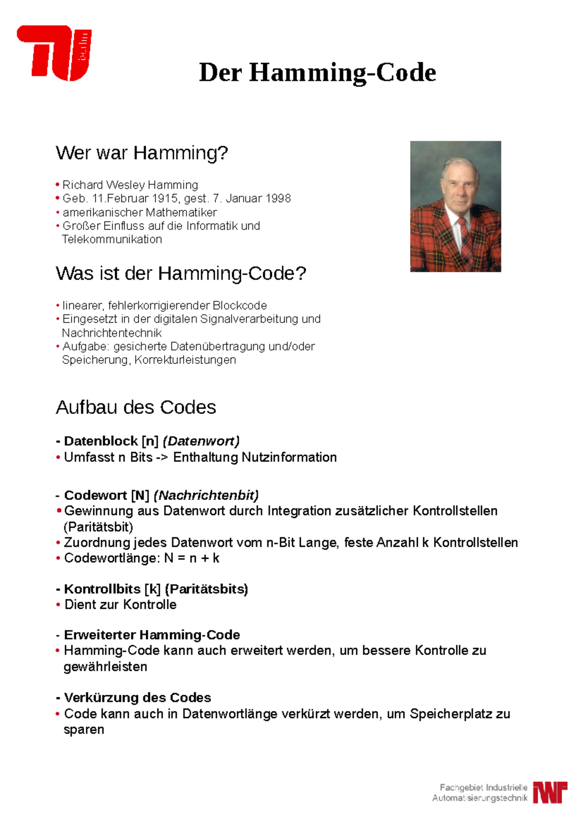 Handout Hamming Code - Der Hamming-Code Wer war Hamming? • Richard ...