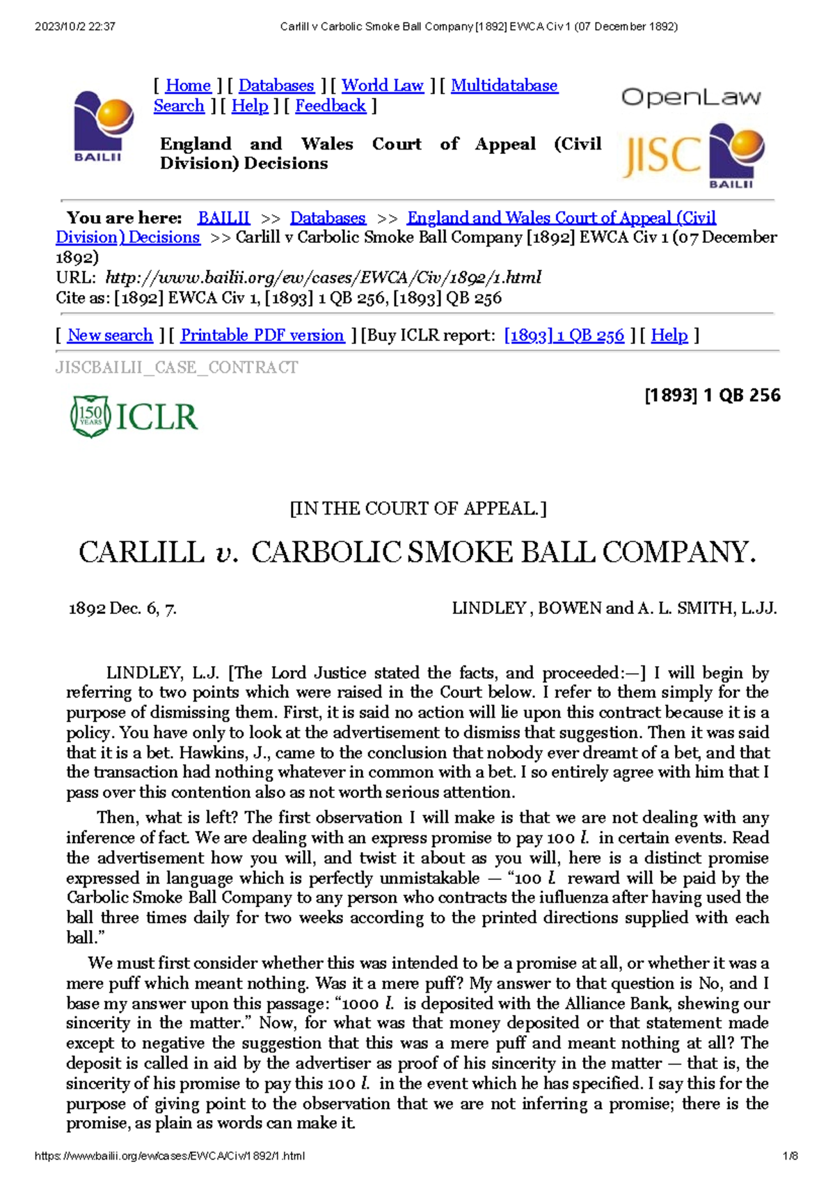 【Q4】Carlill v Carbolic Smoke Ball Company [1892] EWCA Civ 1 (07 ...