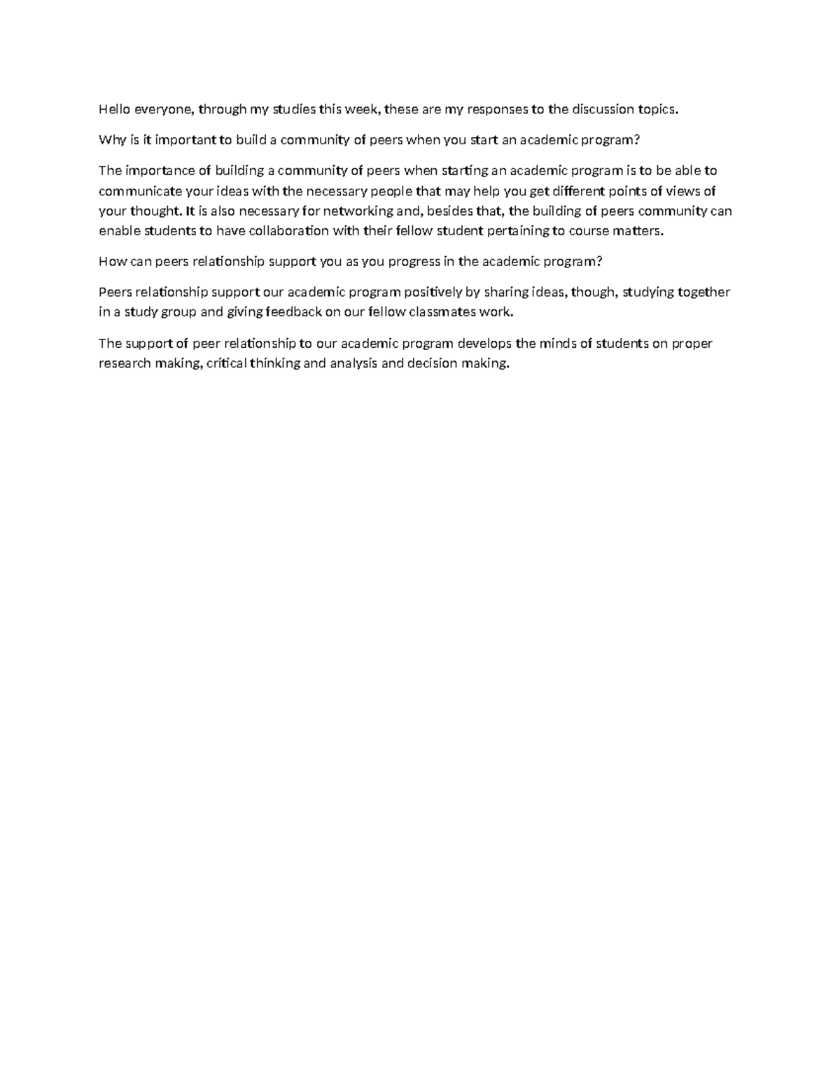 Discussion assignment - Hello everyone, through my studies this week ...