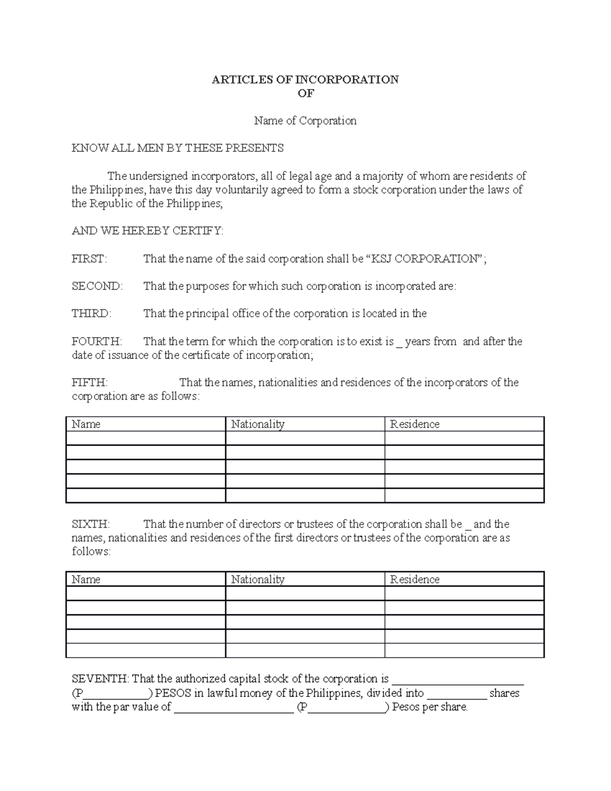 AOI-blank - ARTICLES OF INCORPORATIONOF Name of Corporation KNOW ALL ...