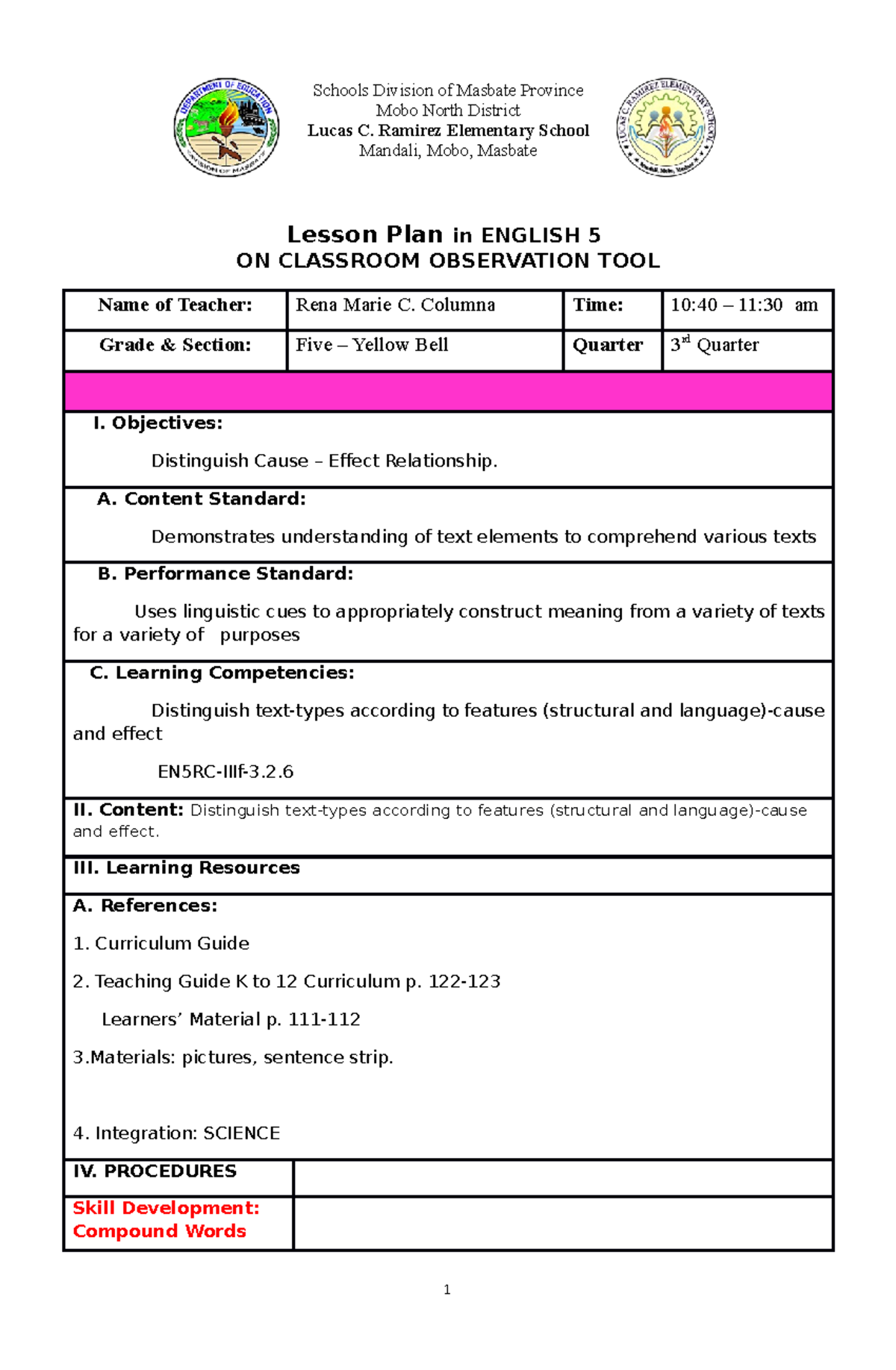 Cot3 Classroom Observation Lp Schools Division Of Masbate