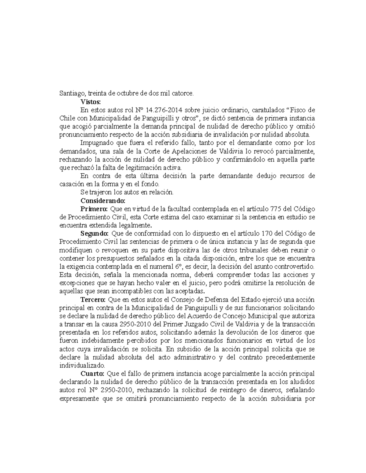 Fisco Con Municipalidad De Panguipilli Y Otros Casaci N - Santiago ...