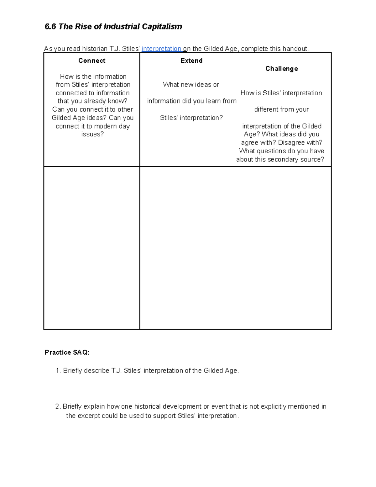 6.6 The Rise of Industrial Capitalism Connect Extend Challenge Handout ...