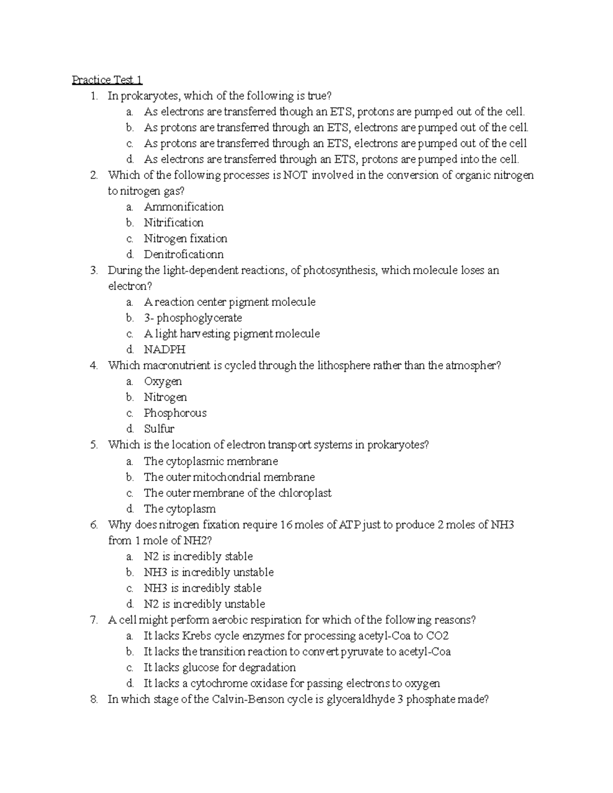 Practice Test Micro Exam 1 - Practice Test 1 1. In prokaryotes, which ...