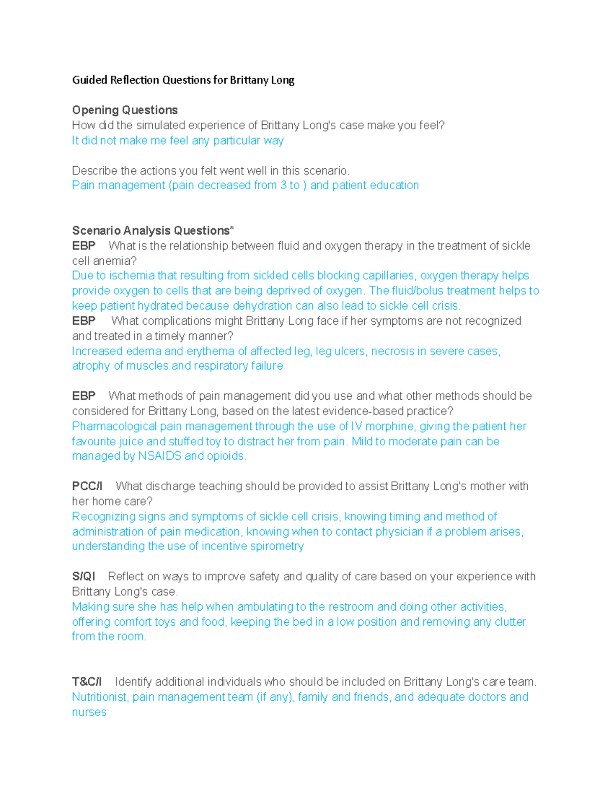 Guided Reflection Questions for Brittany Long Pain management (pain