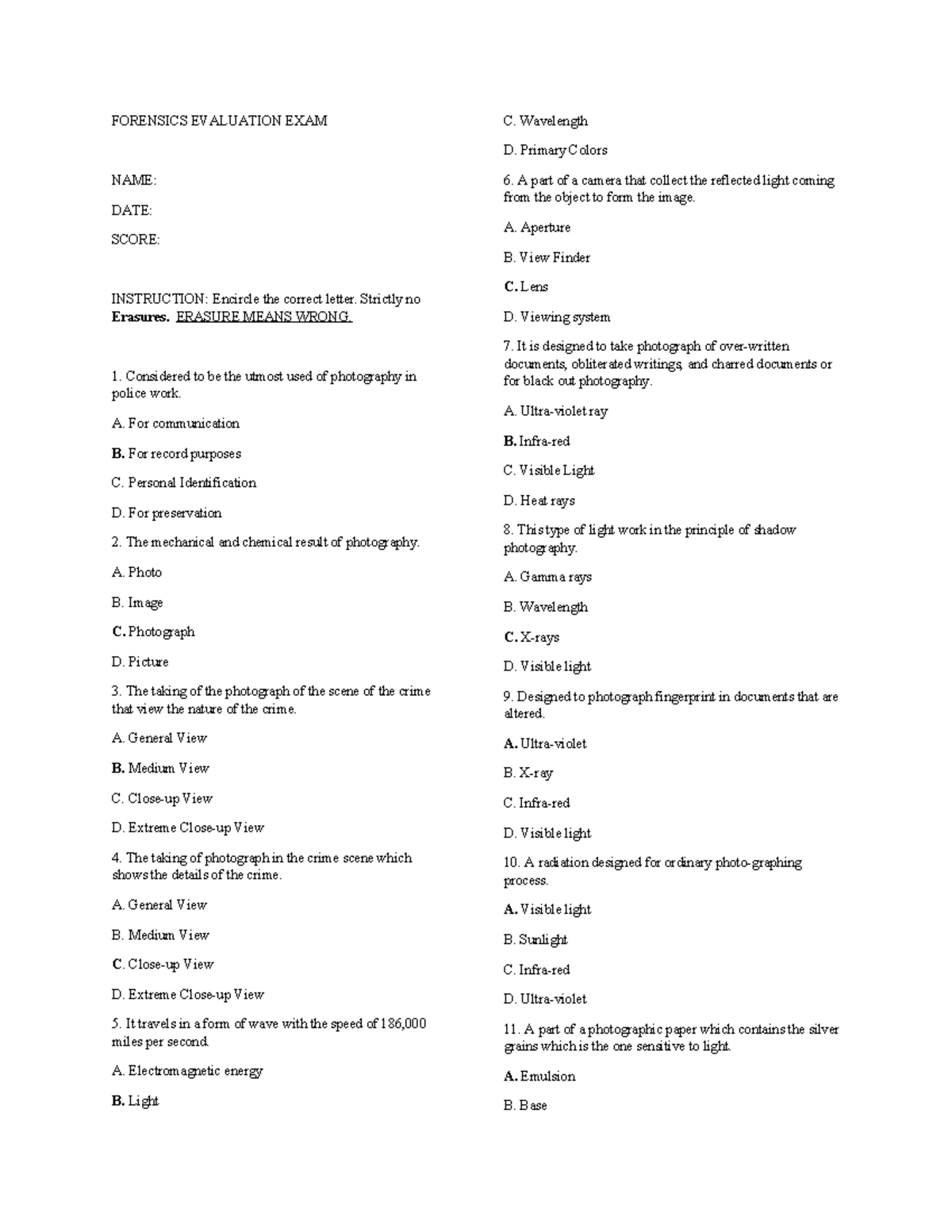 Forensics Evaluation EXAM - FORENSICS EVALUATION EXAM NAME: DATE: SCORE ...