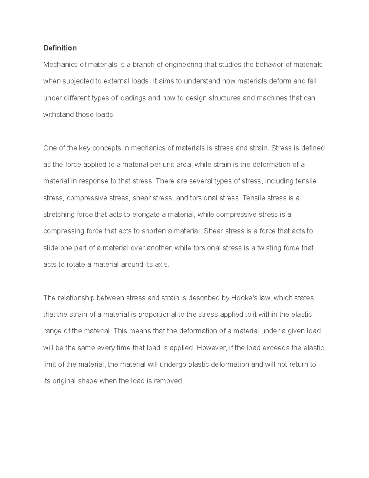 Mechanics of materials course outline intro, stress and strain ...