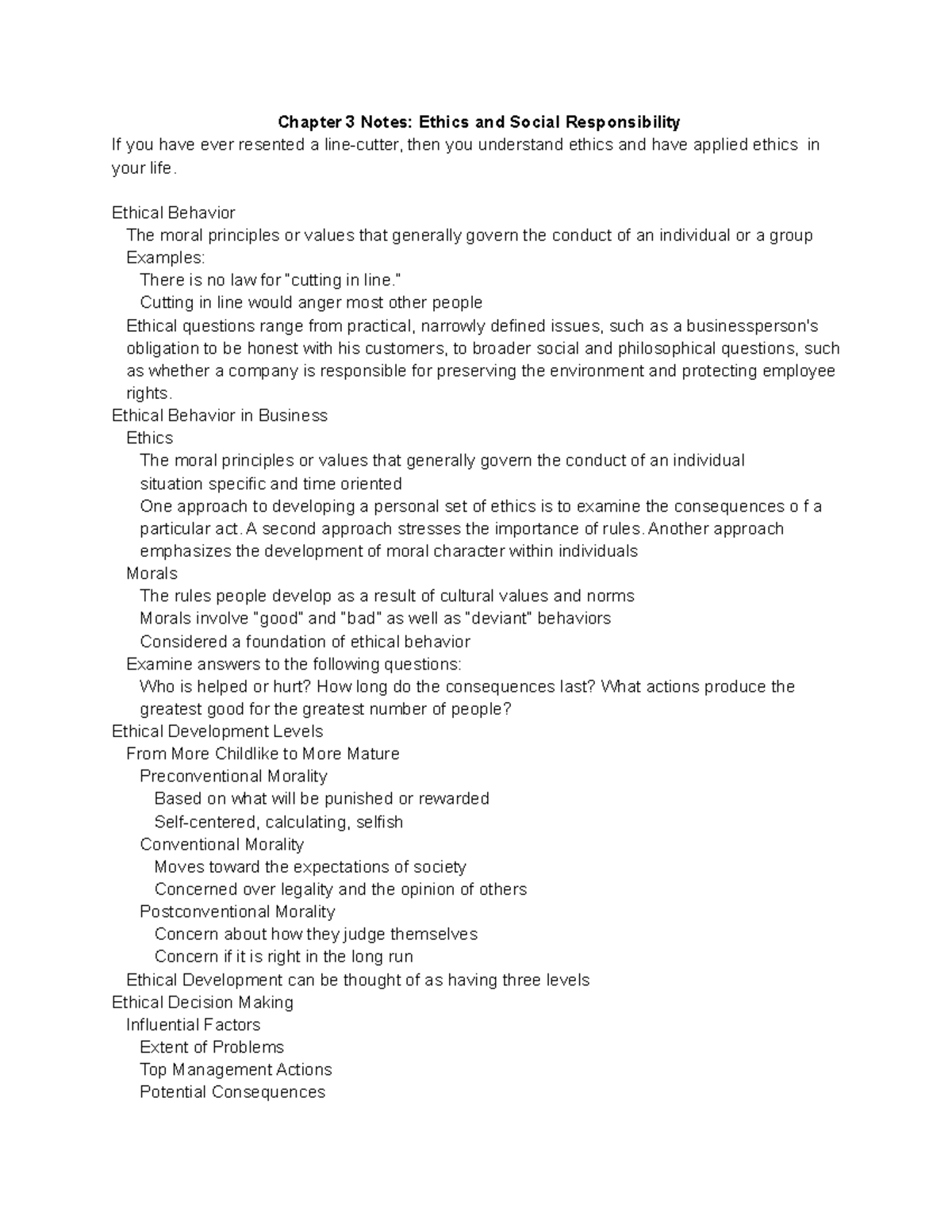 MTKG 2500 - Summary of Chapter 3 - Ethics and Social Responsibility ...
