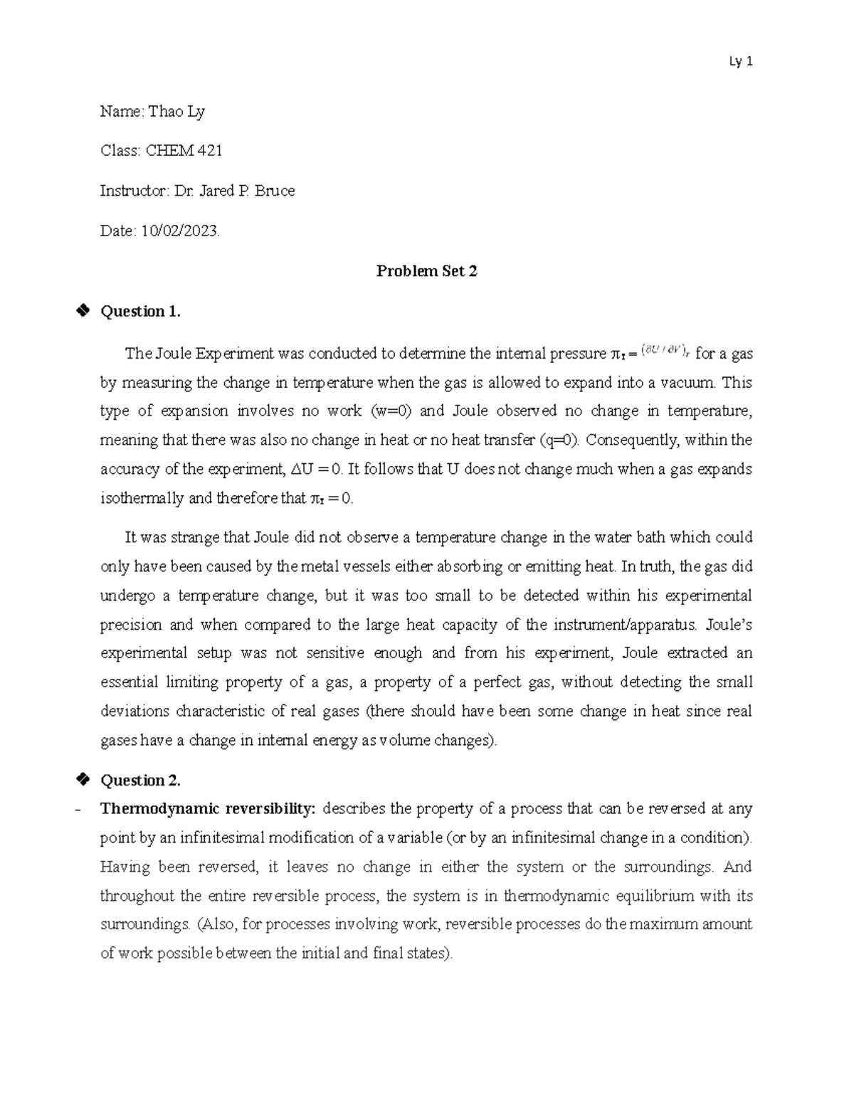 PChem Problem Set 2 - Name: Thao Ly Class: CHEM 421 Instructor: Dr ...