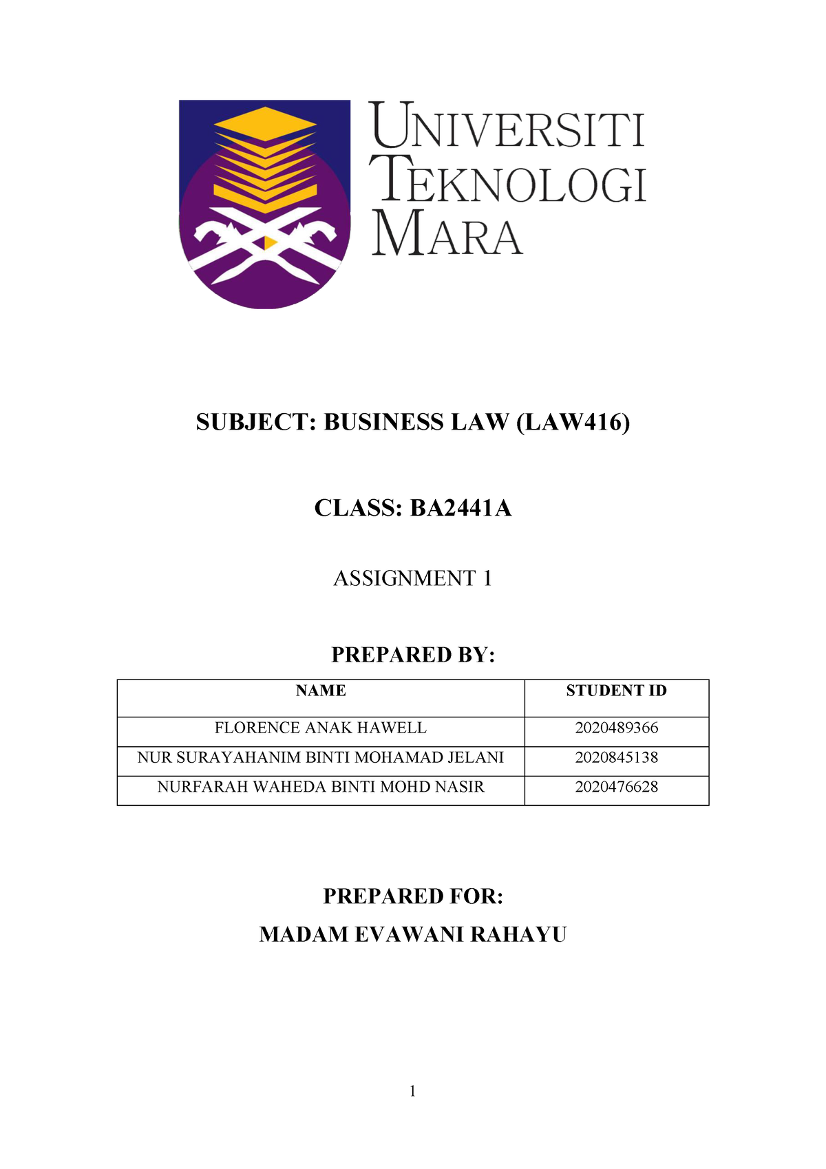 Group 6.pdf (1) CONTOH - SUBJECT: BUSINESS LAW (LAW416) CLASS: BA2441A ...