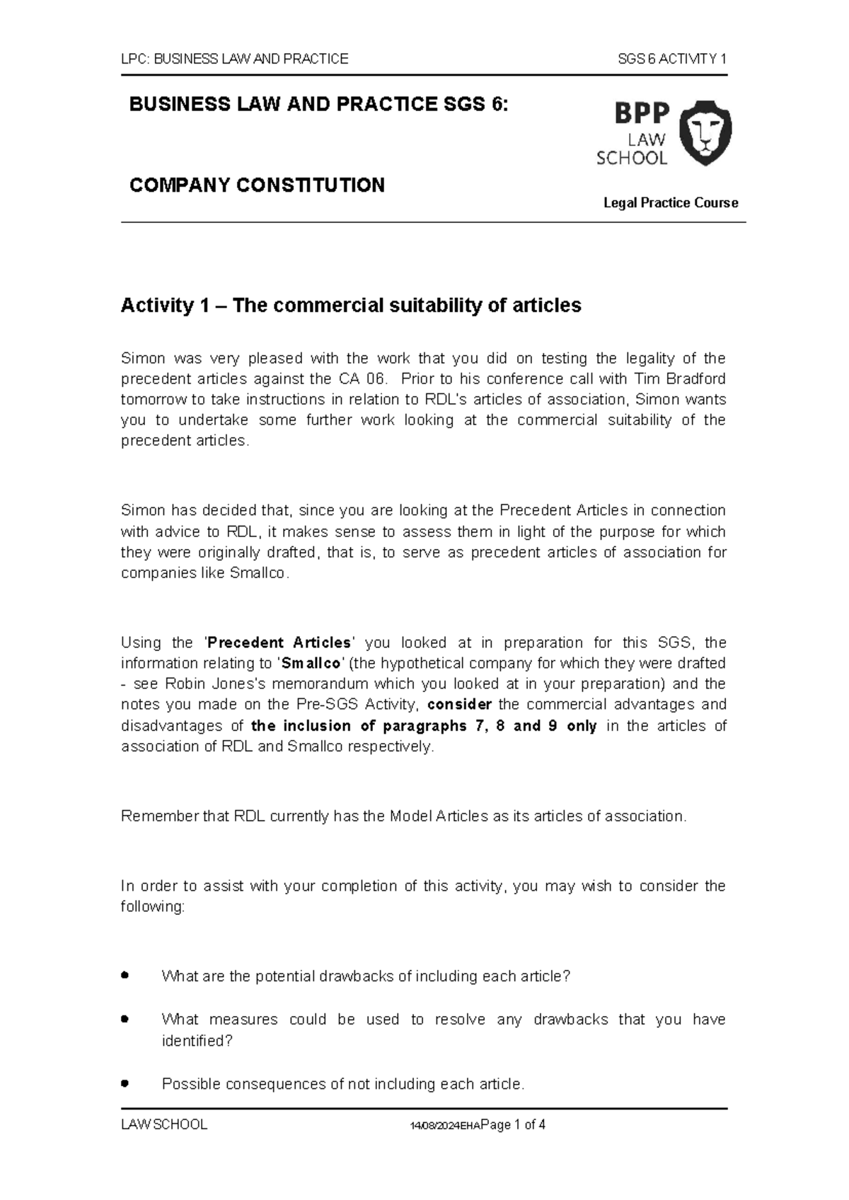 BLP SGS 6 Activity 1 23-24 - BUSINESS LAW AND PRACTICE SGS 6: COMPANY ...