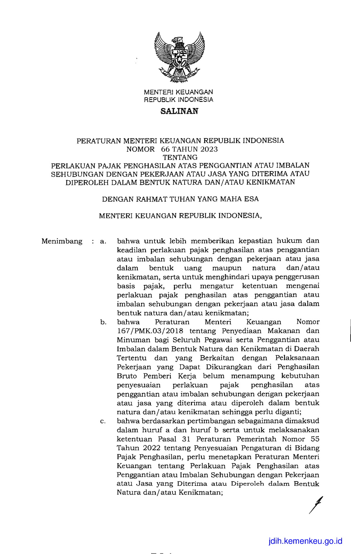 PMK 66 Tahun 2023 - Perpajakan - MENTERIKEUANGAN REPUBUK LNDONESIA ...