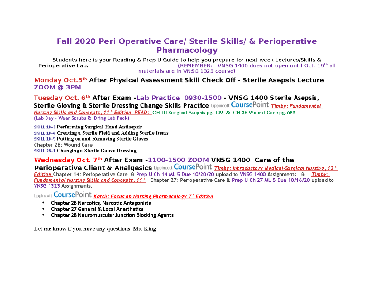 2020 Lecture Prep & Reading Guide Perioperative Client - Fall 2020 Peri ...